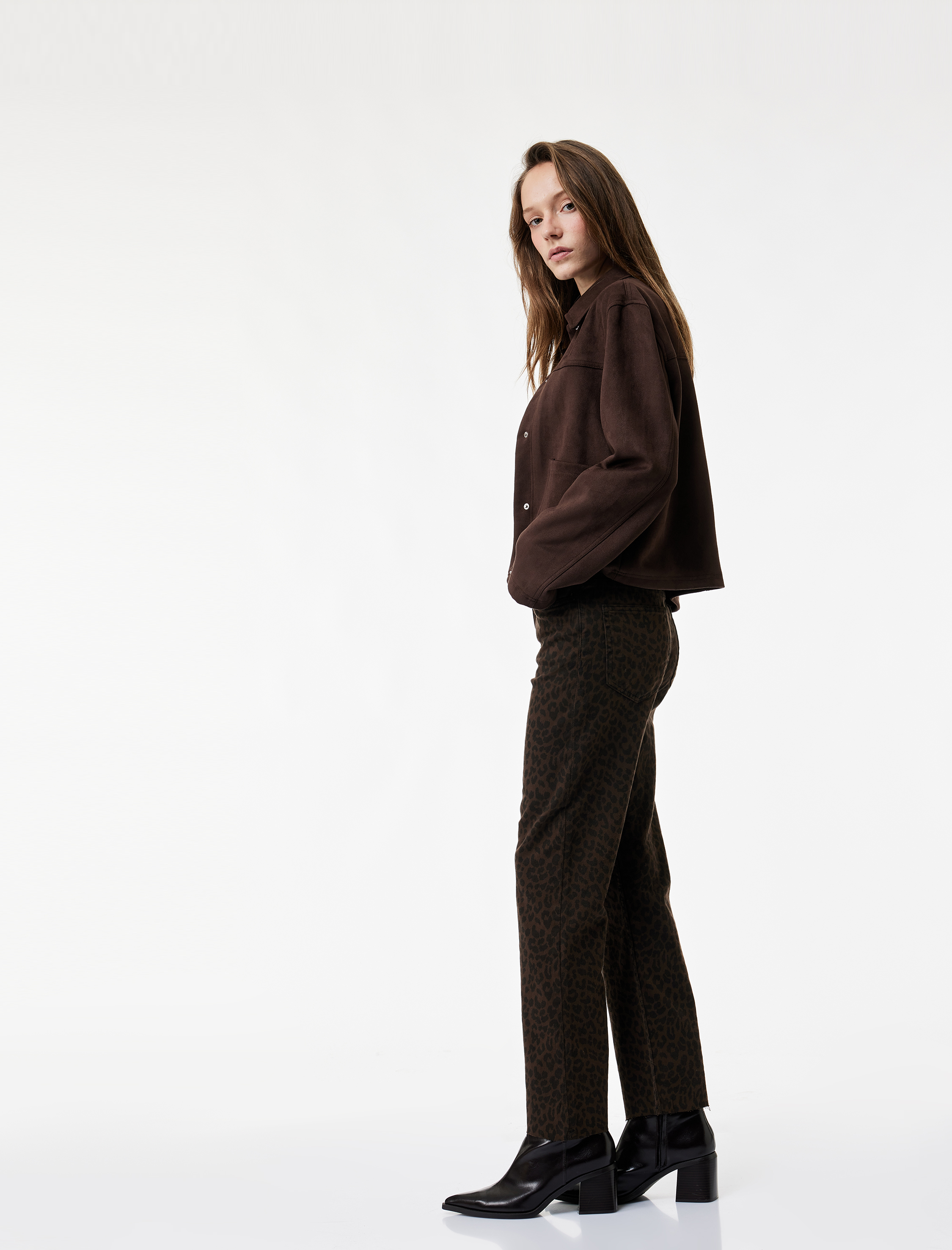   Dar Kesim Cepli Leopar Desenli Jean Pantolon - Flare Fit Crop Jeans