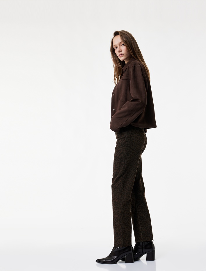  Dar Kesim Cepli Leopar Desenli Jean Pantolon - Flare Fit Crop Jeans