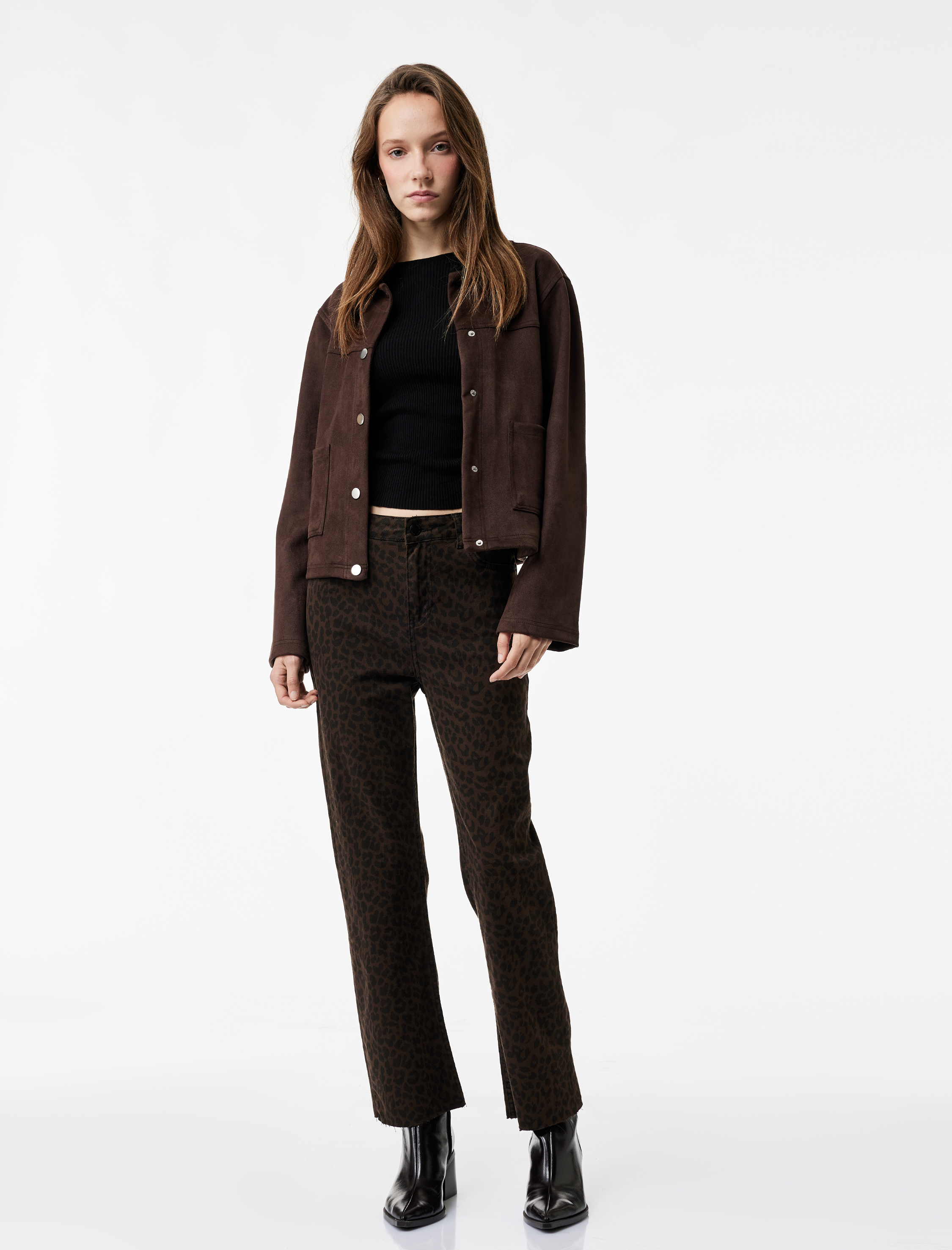   Dar Kesim Cepli Leopar Desenli Jean Pantolon - Flare Fit Crop Jeans