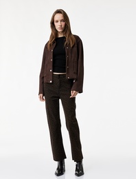 Dar Kesim Cepli Leopar Desenli Jean Pantolon - Flare Fit Crop Jeans