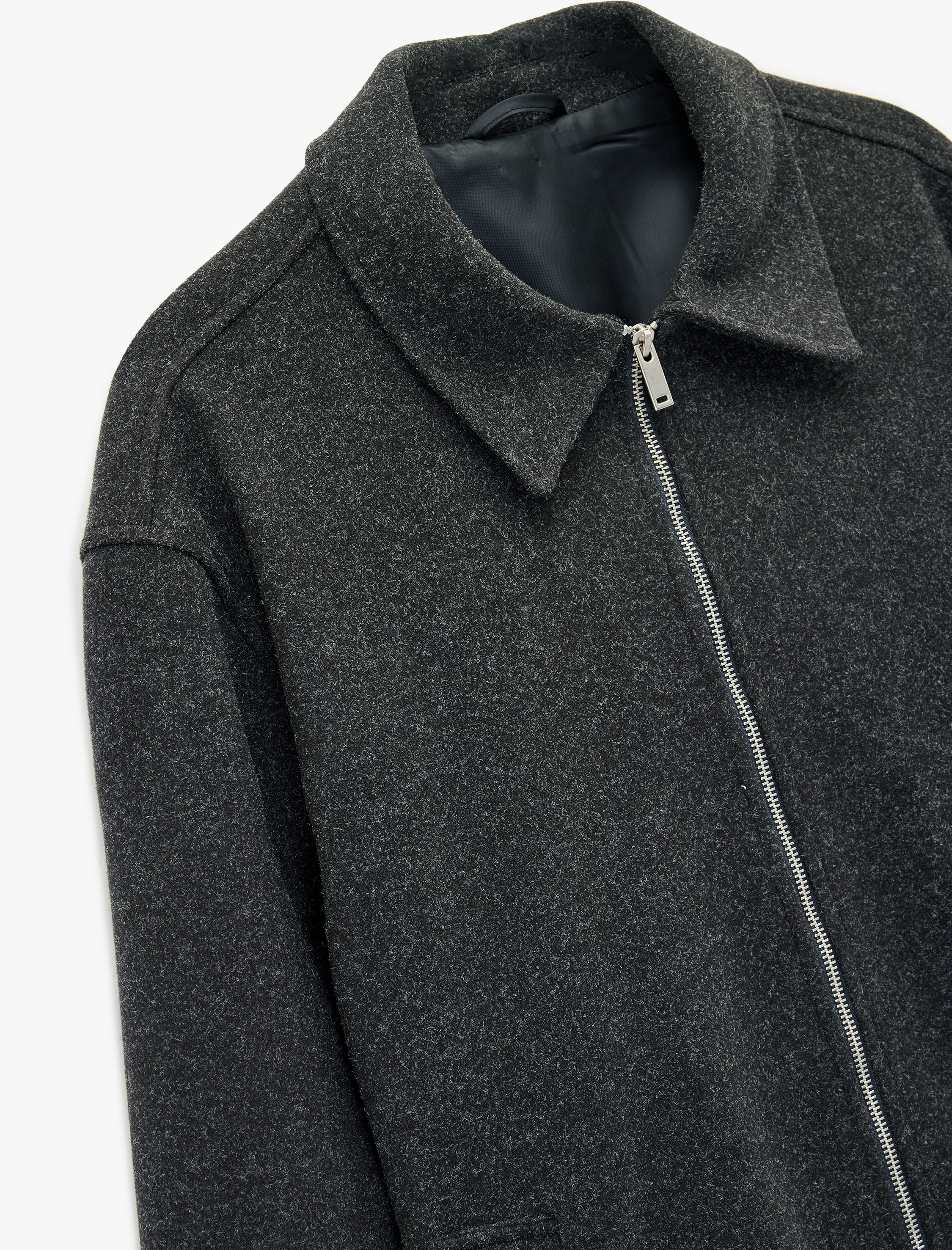   Uzun Kollu Cepli Fermuarlı Gömlek Yaka Kaşe Bomber Ceket