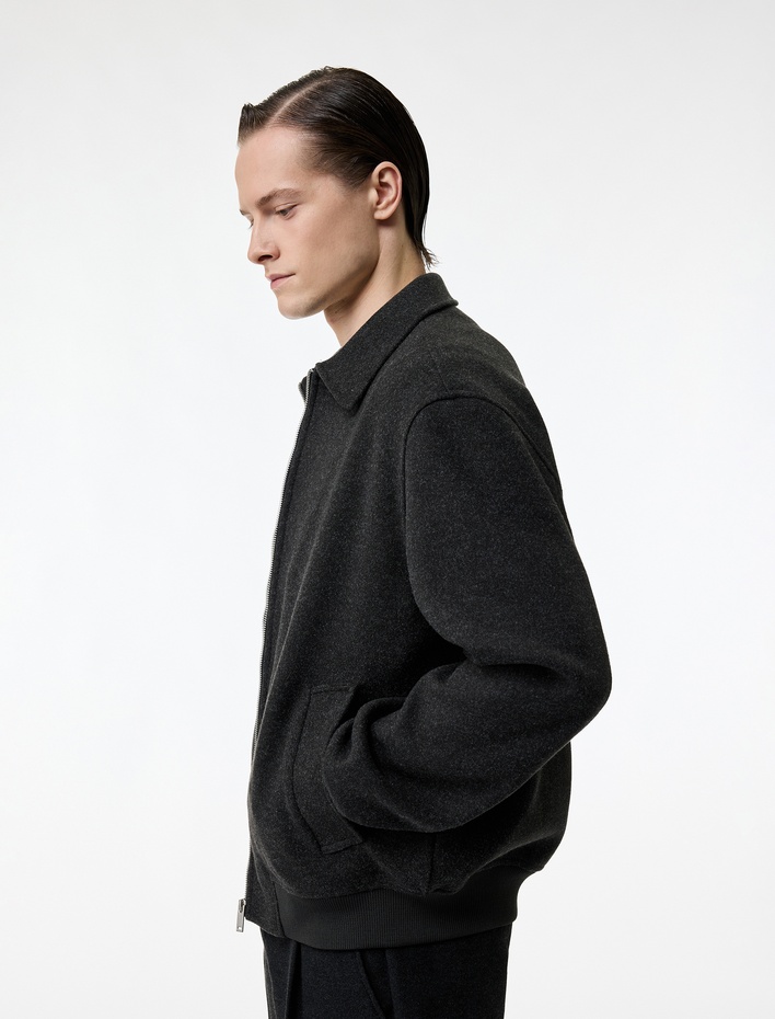  Uzun Kollu Cepli Fermuarlı Gömlek Yaka Kaşe Bomber Ceket