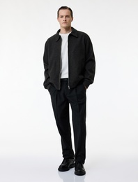 Uzun Kollu Cepli Fermuarlı Gömlek Yaka Kaşe Bomber Ceket