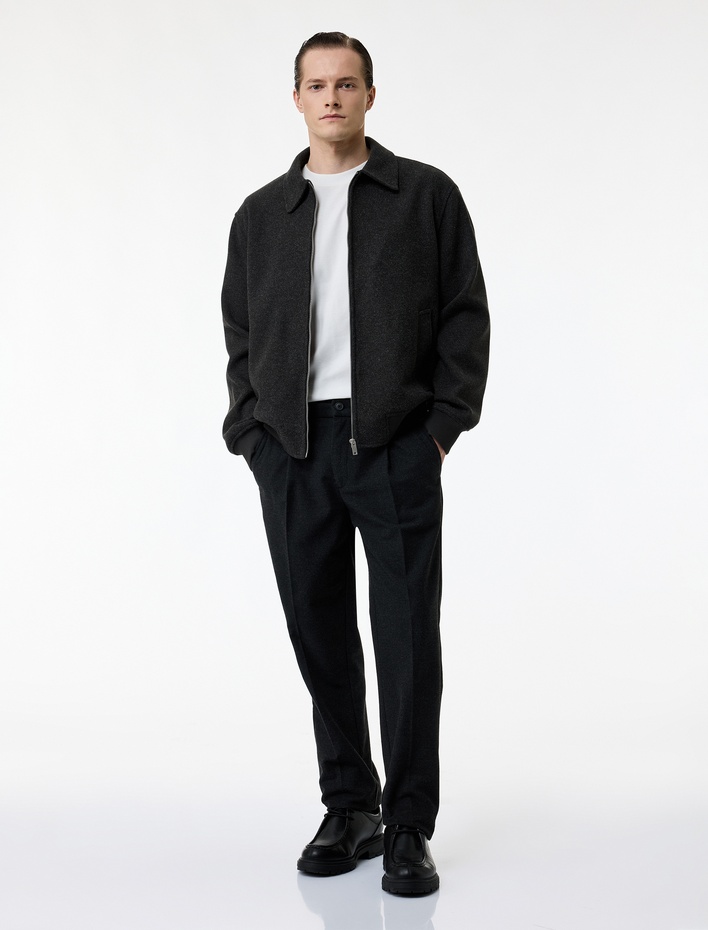  Uzun Kollu Cepli Fermuarlı Gömlek Yaka Kaşe Bomber Ceket