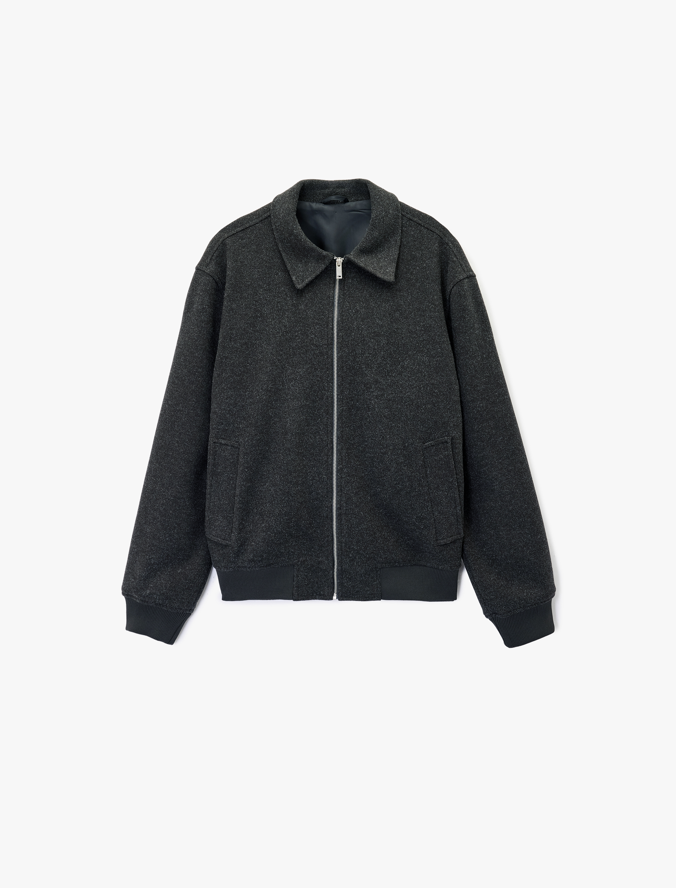   Uzun Kollu Cepli Fermuarlı Gömlek Yaka Kaşe Bomber Ceket