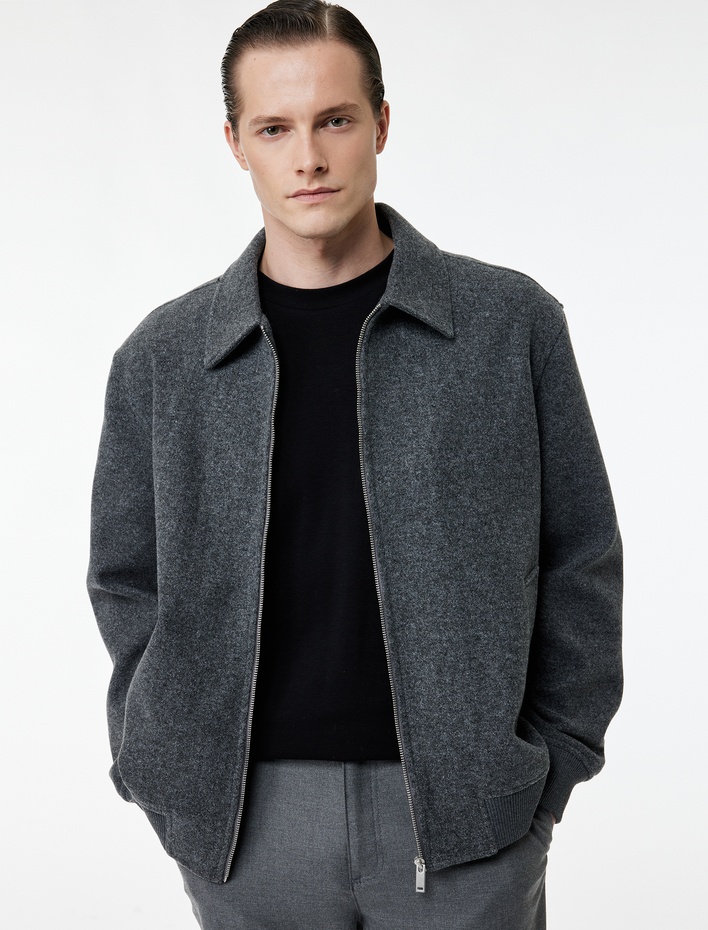  Uzun Kollu Cepli Fermuarlı Gömlek Yaka Kaşe Bomber Ceket