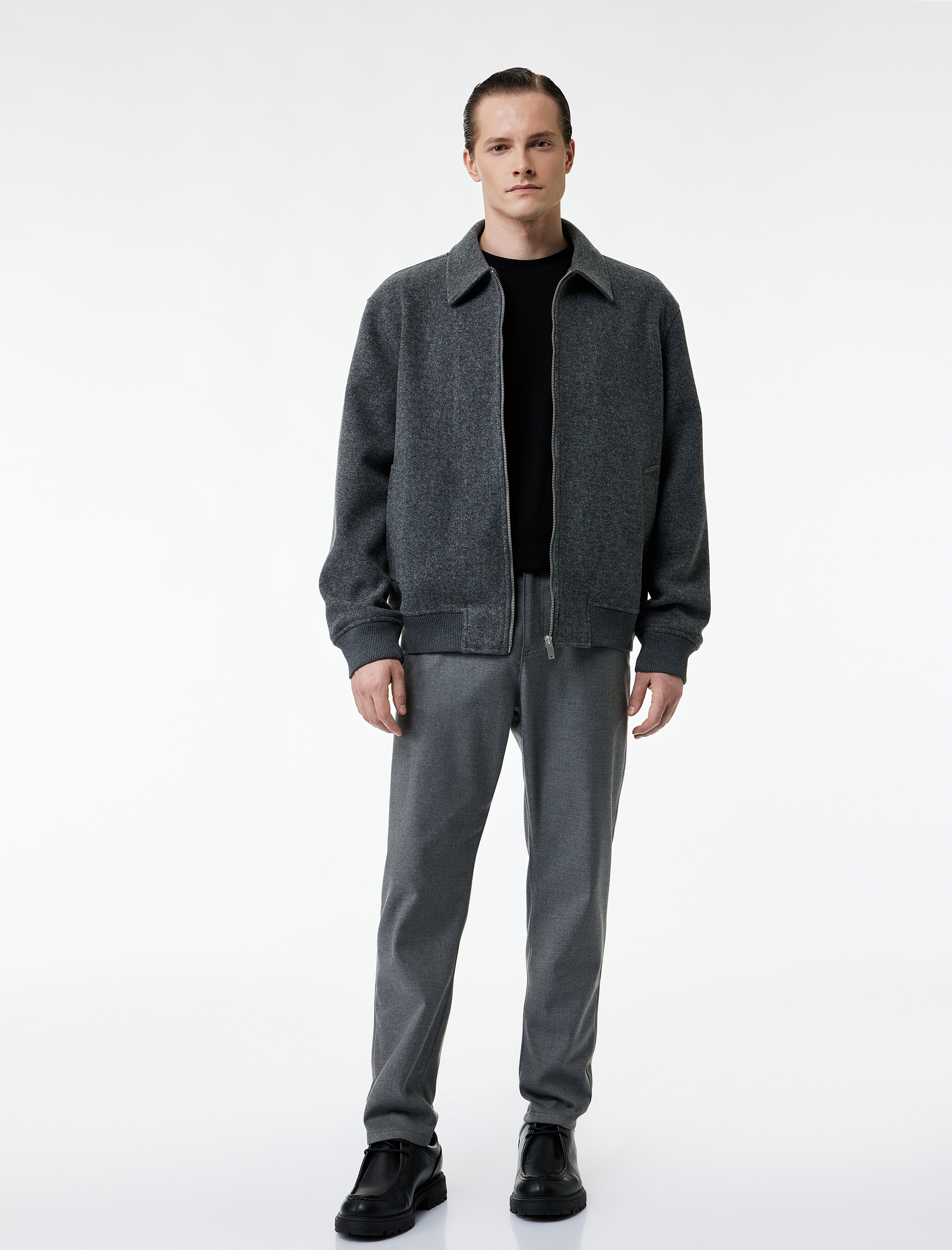   Uzun Kollu Cepli Fermuarlı Gömlek Yaka Kaşe Bomber Ceket