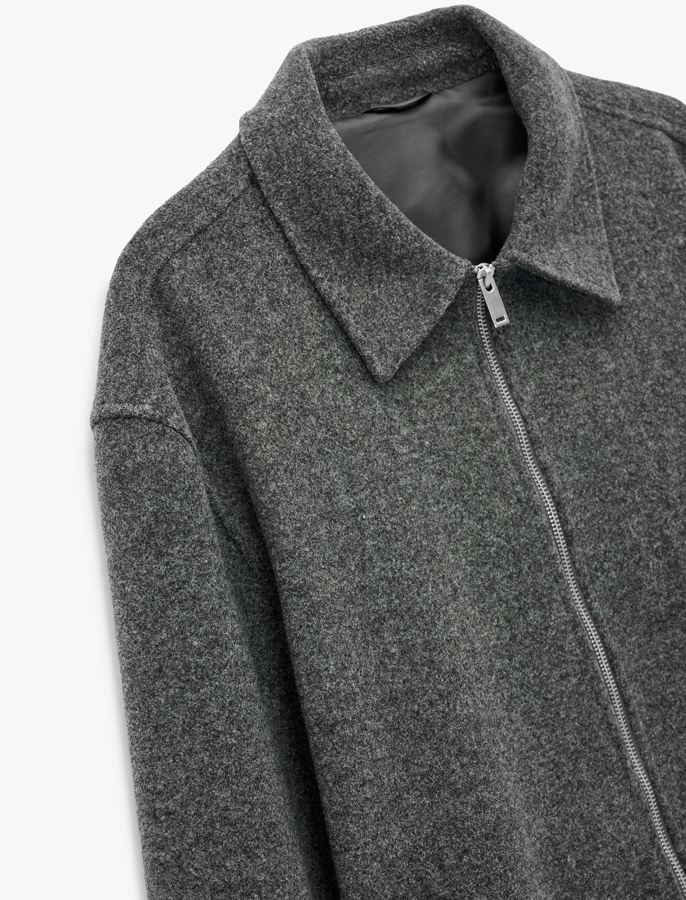   Uzun Kollu Cepli Fermuarlı Gömlek Yaka Kaşe Bomber Ceket