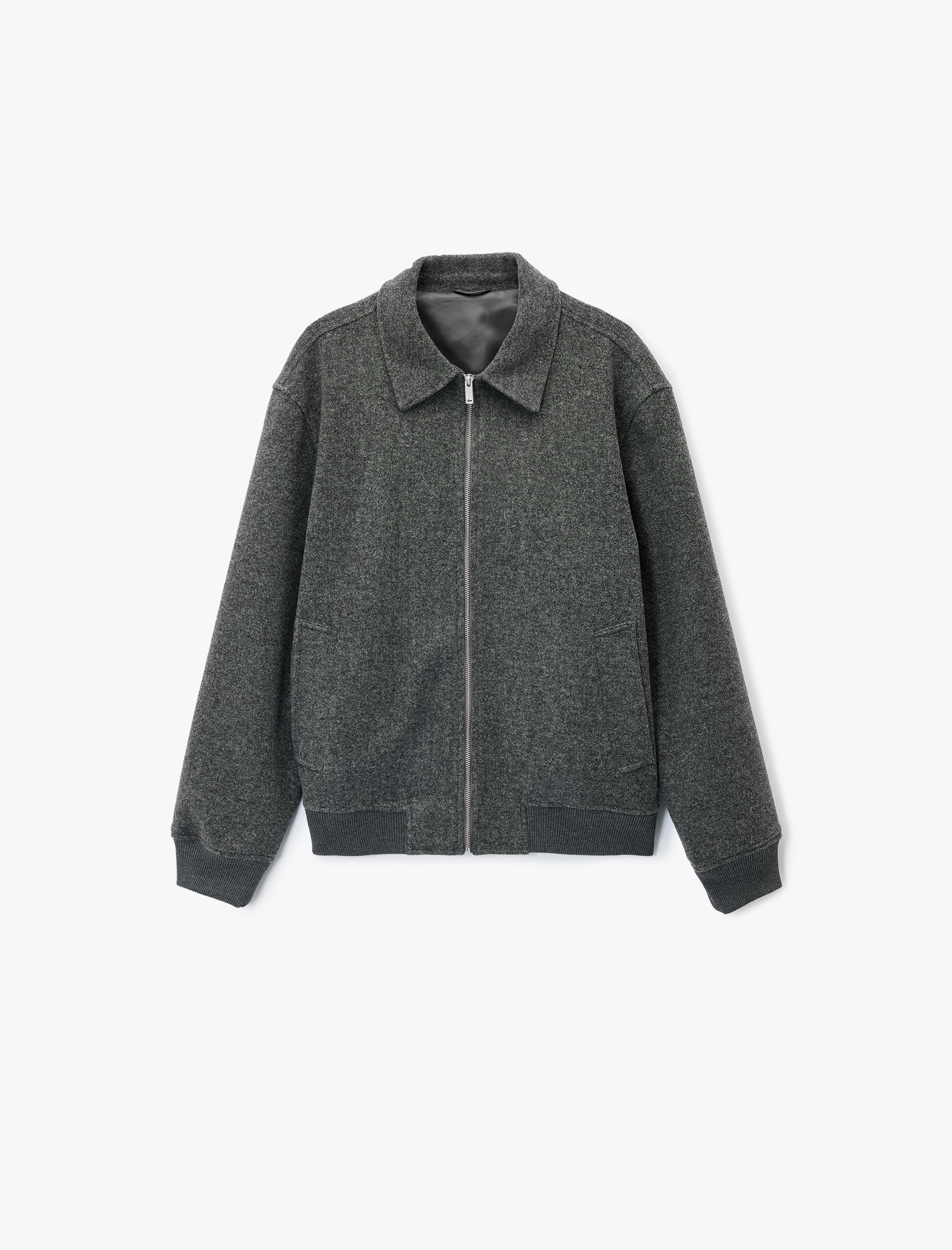   Uzun Kollu Cepli Fermuarlı Gömlek Yaka Kaşe Bomber Ceket