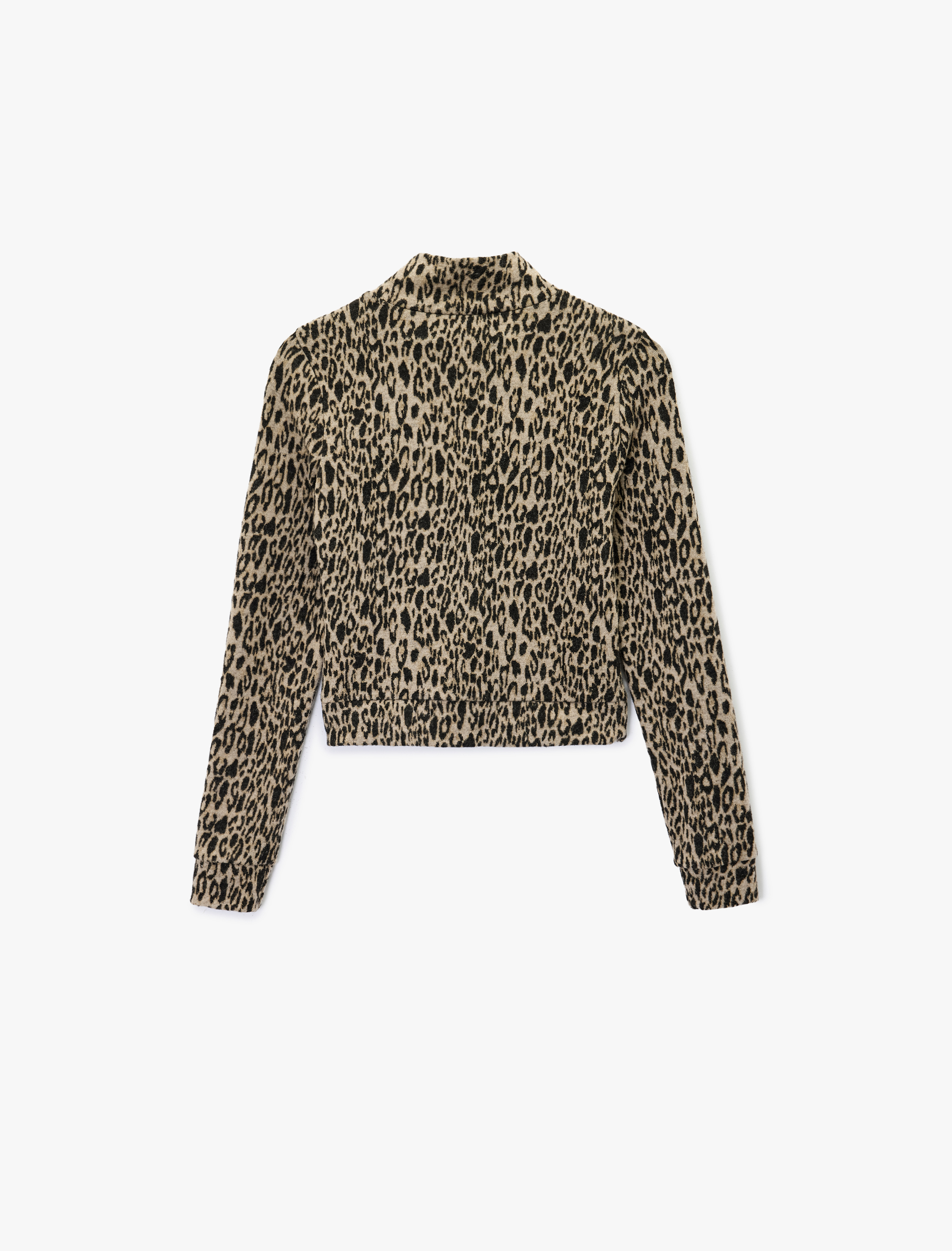   Slim Fit Uzun Kollu Dik Yaka Fermuarlı Leopar Desenli Hırka