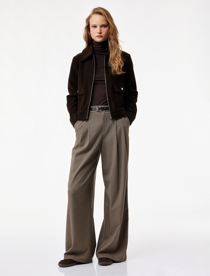  Cepli Pile Detaylı Kemerli Geniş Paça Ekose Pantolon