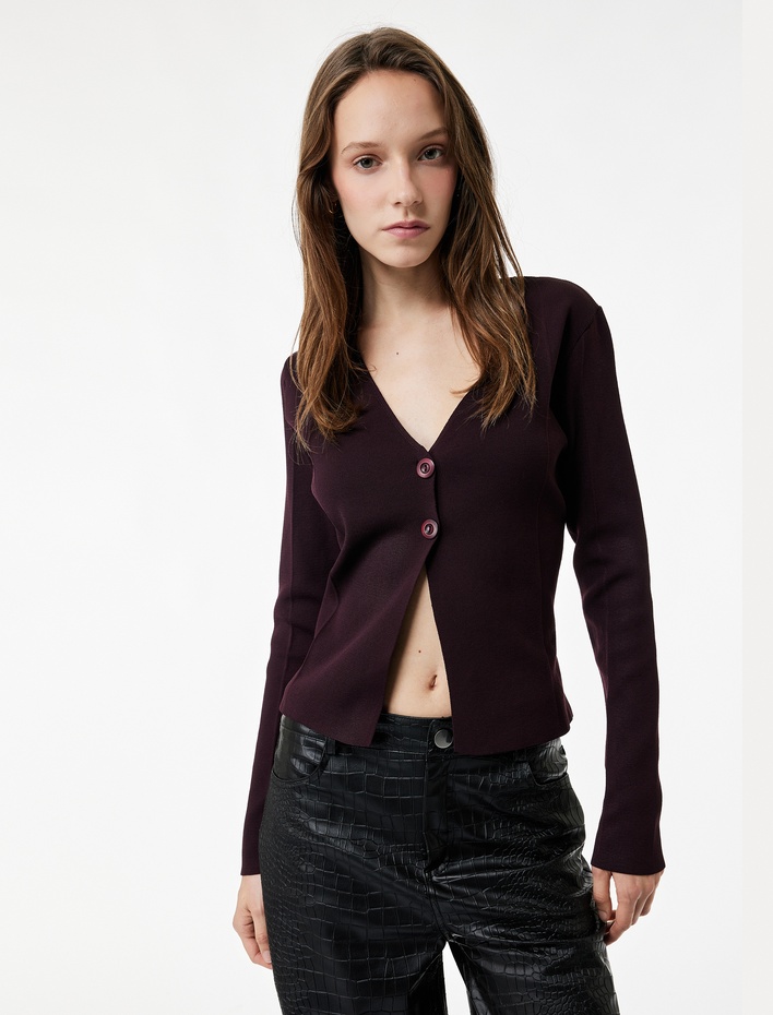  Düğmeli Uzun Kollu V Yaka Triko Hırka