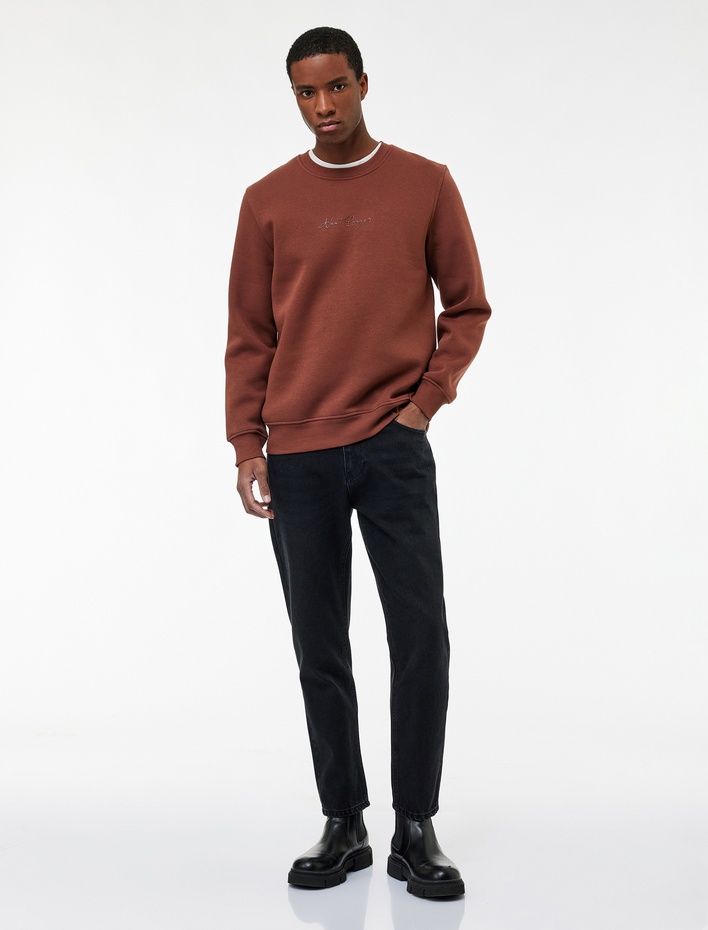  Regular Fit Pamuk Viskon Karışımlı Şardonlu Bisiklet Yaka Baskılı Sweatshirt