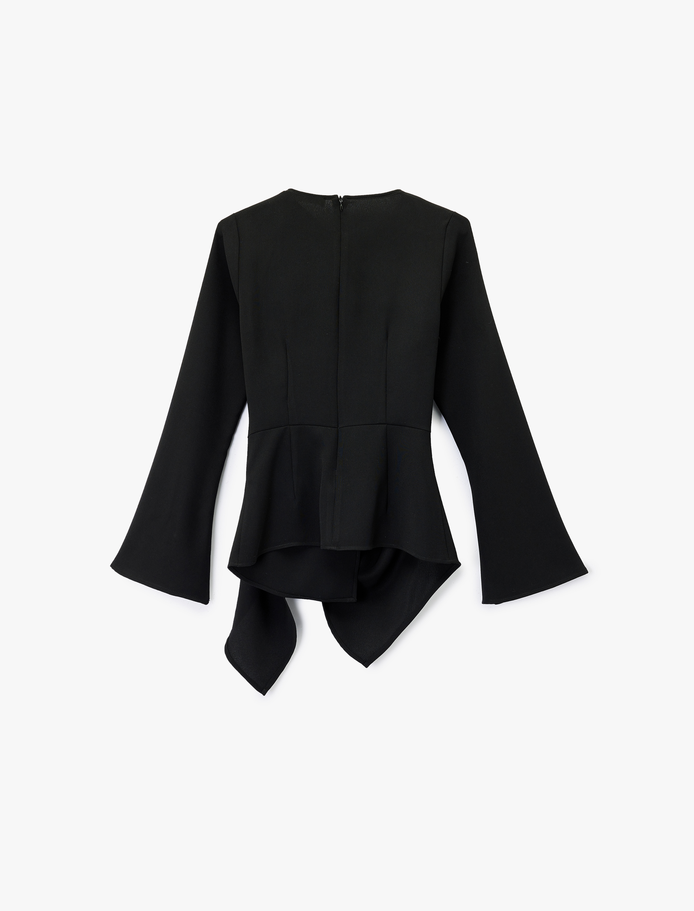   Uzun Kollu Degaje Yaka Metal Aksesuarlı Büzgülü Asimetrik Bluz