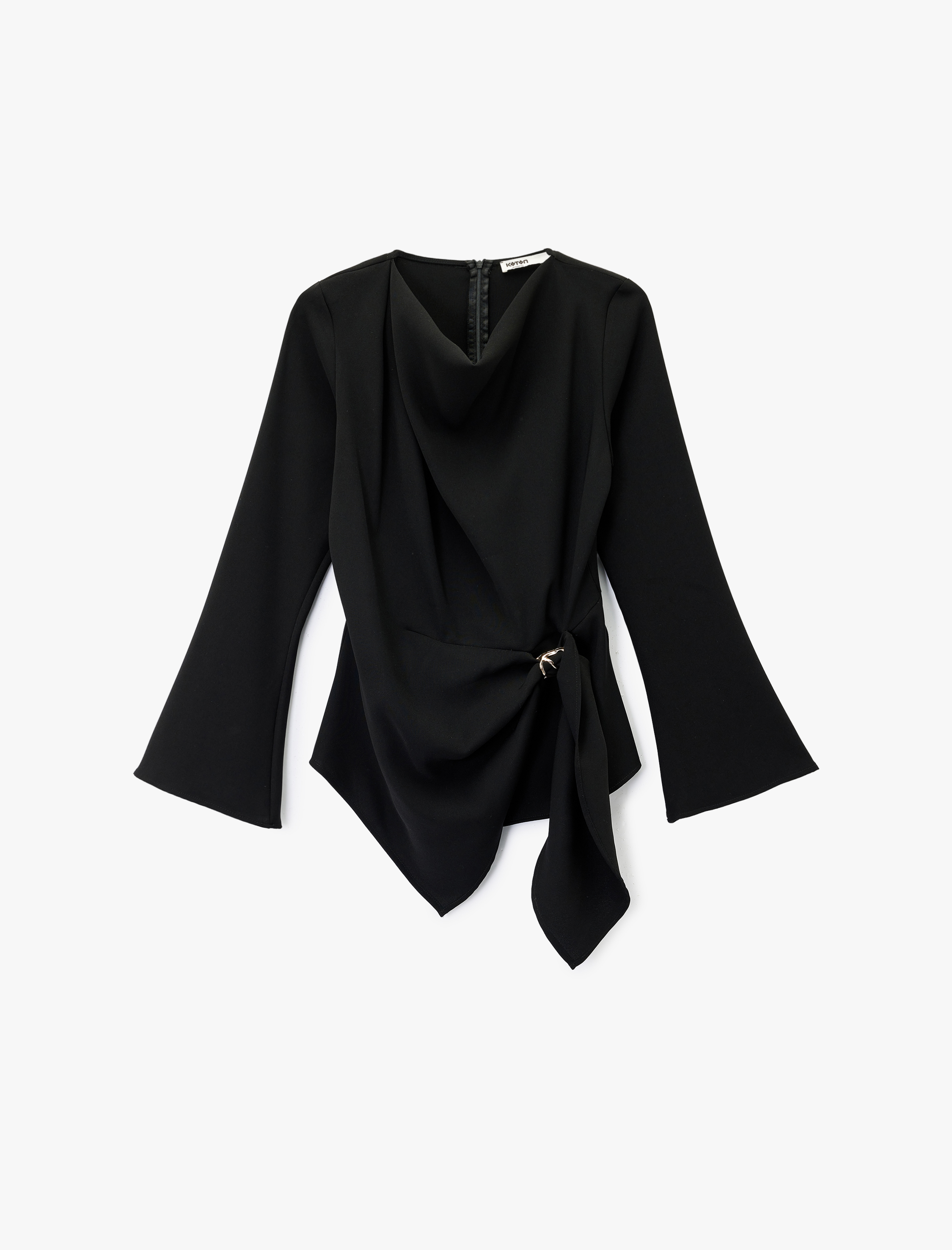   Uzun Kollu Degaje Yaka Metal Aksesuarlı Büzgülü Asimetrik Bluz