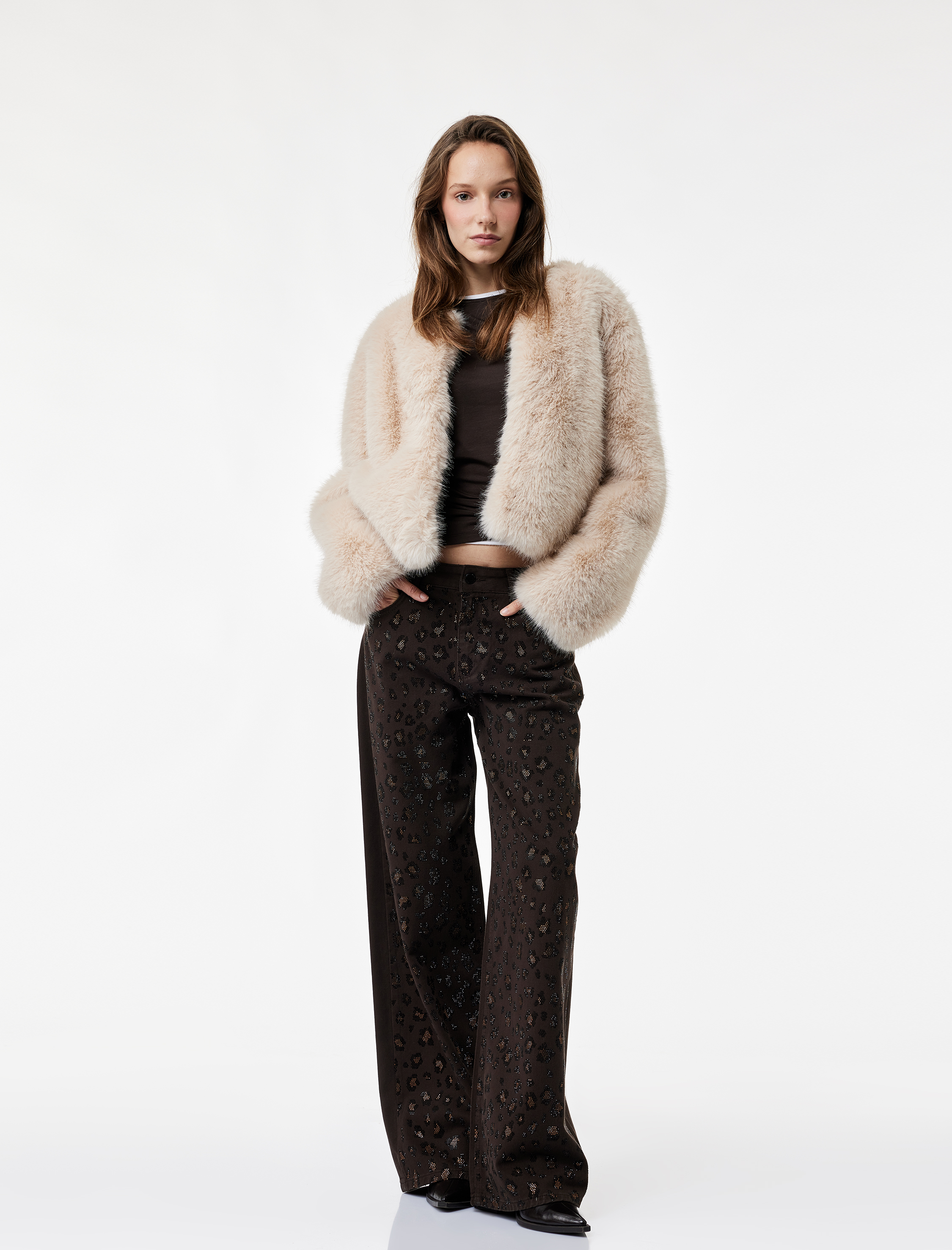   Cepli Pamuklu Leopar Desenli Taş İşlemeli Jean Pantolon - Loose Fit Jean