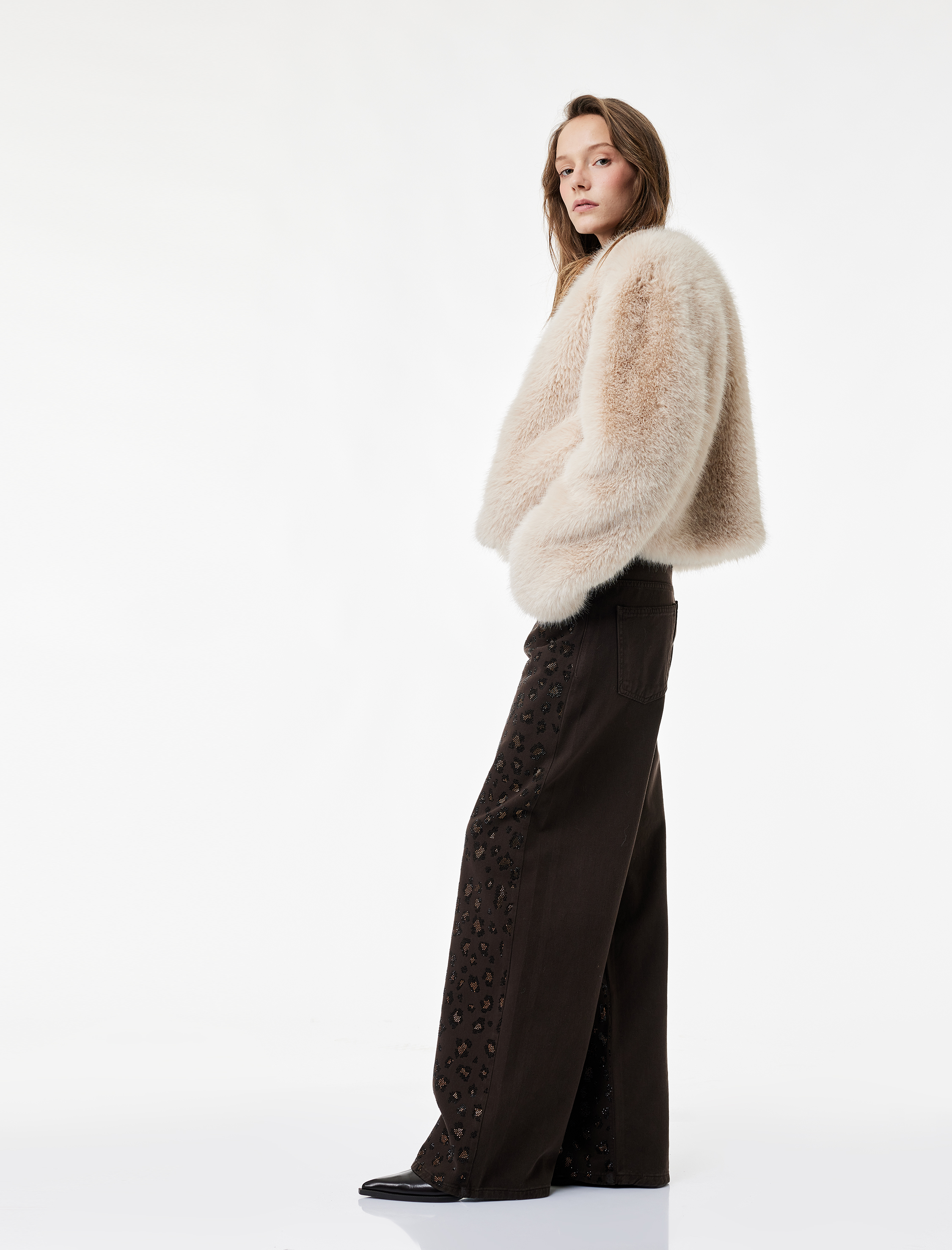   Cepli Pamuklu Leopar Desenli Taş İşlemeli Jean Pantolon - Loose Fit Jean