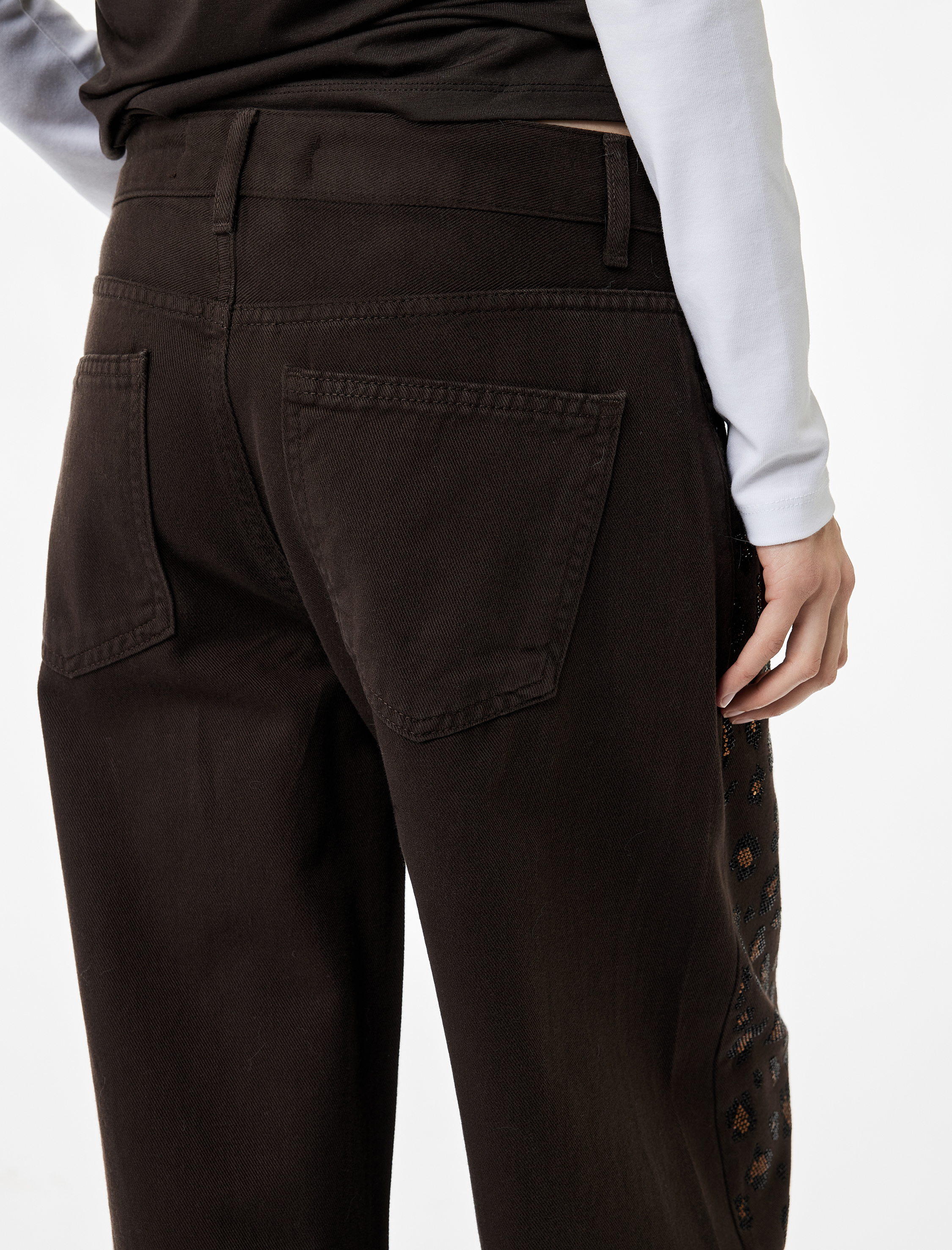   Cepli Pamuklu Leopar Desenli Taş İşlemeli Jean Pantolon - Loose Fit Jean