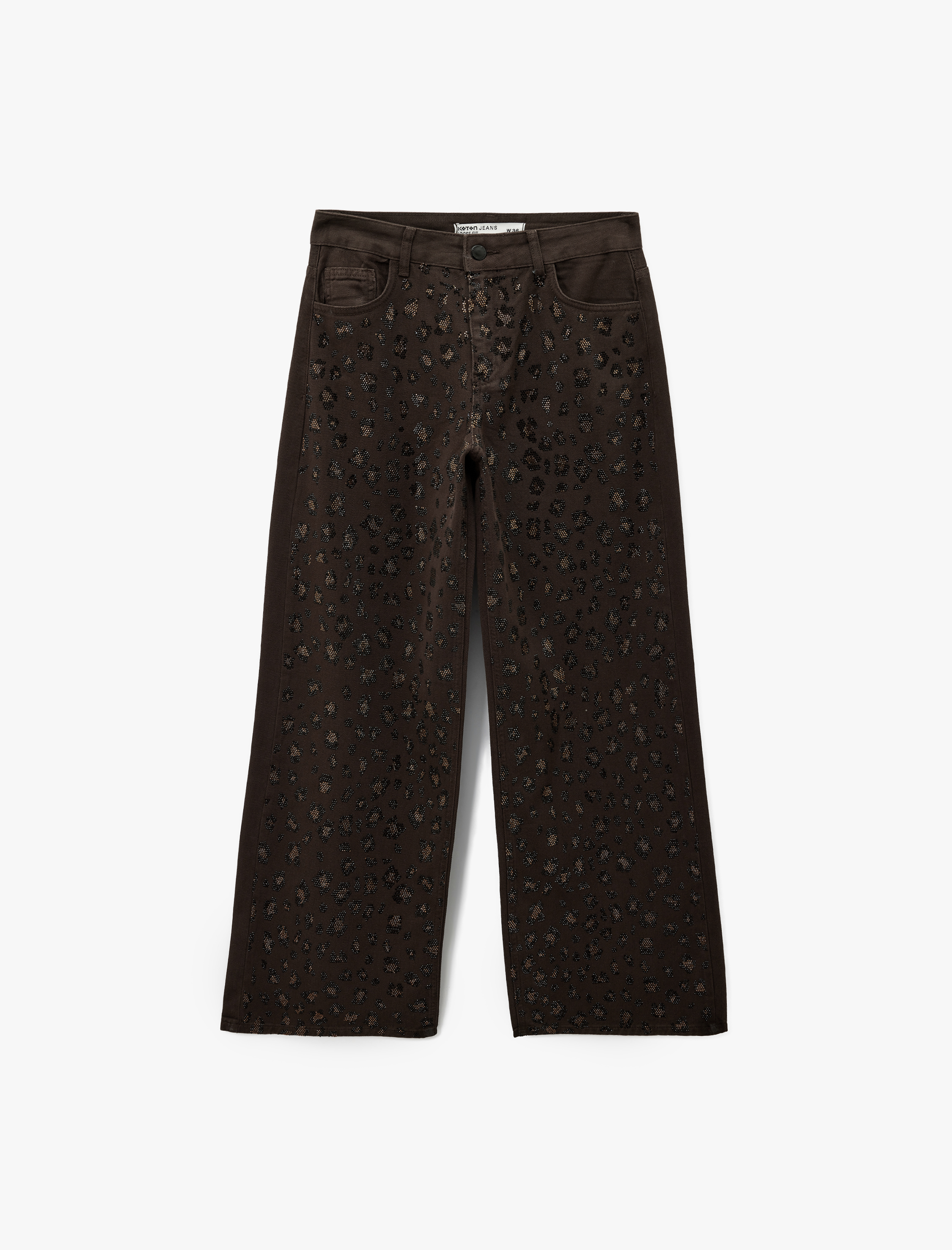   Cepli Pamuklu Leopar Desenli Taş İşlemeli Jean Pantolon - Loose Fit Jean