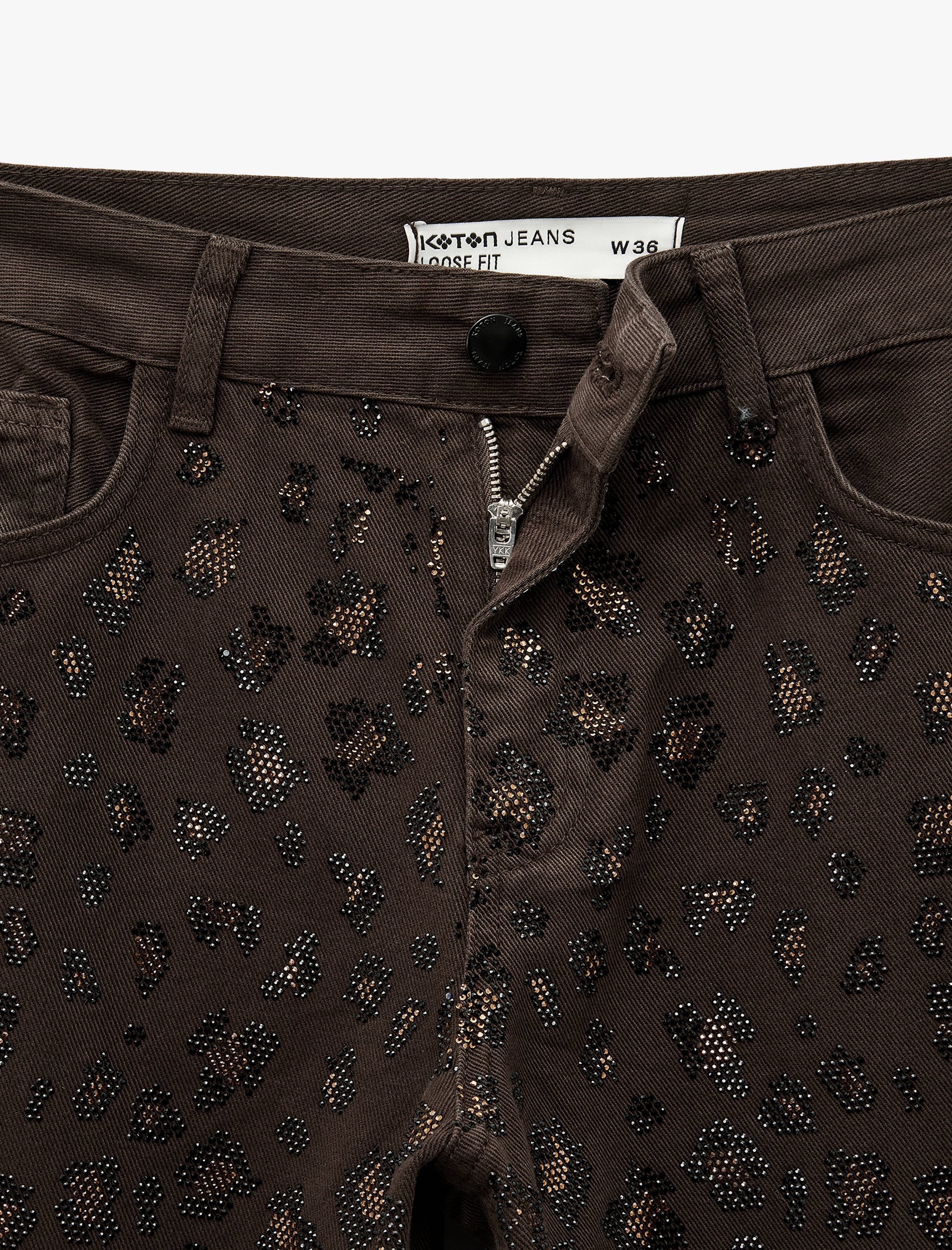   Cepli Pamuklu Leopar Desenli Taş İşlemeli Jean Pantolon - Loose Fit Jean