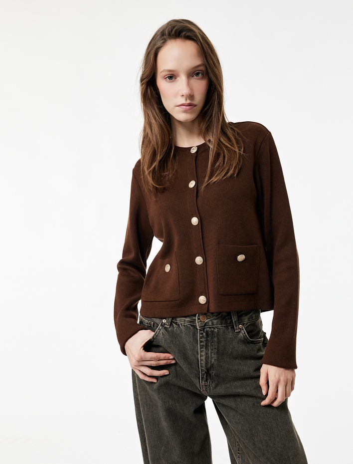  Uzun Kollu Cepli Düğmeli Bisiklet Yaka Triko Hırka