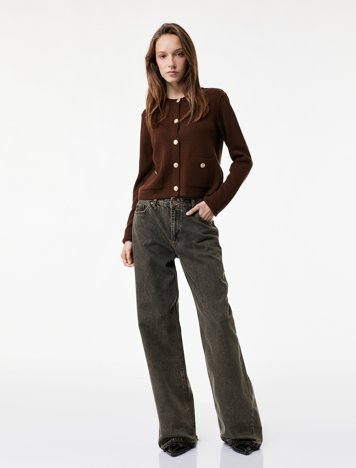  Uzun Kollu Cepli Düğmeli Bisiklet Yaka Triko Hırka