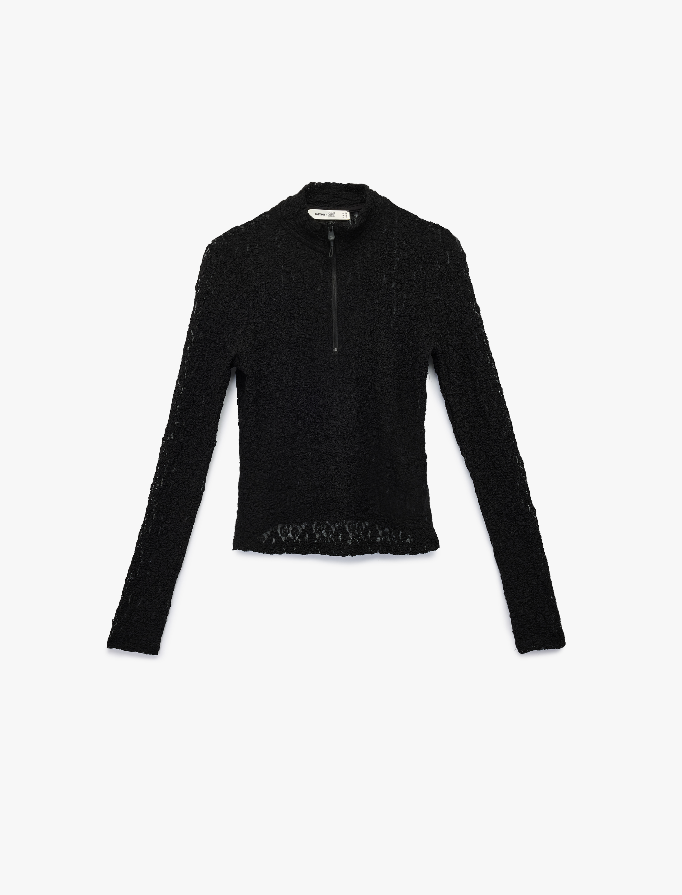   Koton X Sibil Çetinkaya - Uzun Kollu Yarım Fermuar Detaylı Dik Yaka Dantel Bluz