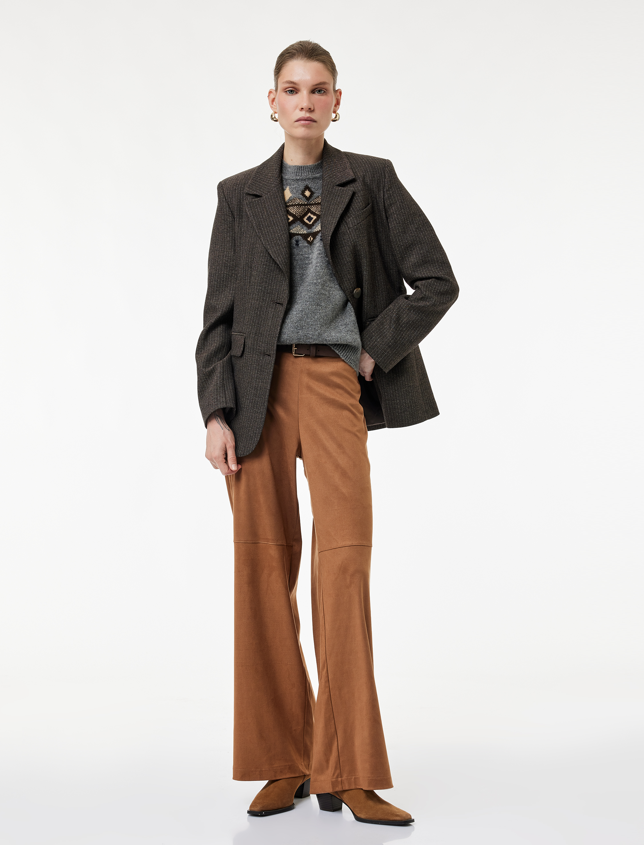   Uzun Düz Bol Paça Süet Görünümlü Pantolon