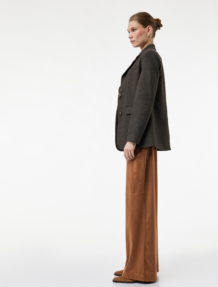  Uzun Düz Bol Paça Süet Görünümlü Pantolon