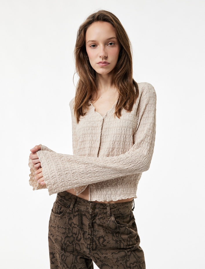  Slim Fit Uzun Kollu Düğmeli Dokulu Klasik Yaka Bluz