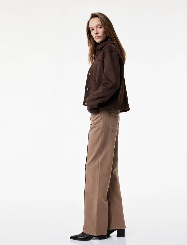  Nervürlü Cepli Düğmeli Yüksek Bel Pamuklu Düz Paça Pantolon - Straight Fit Jean