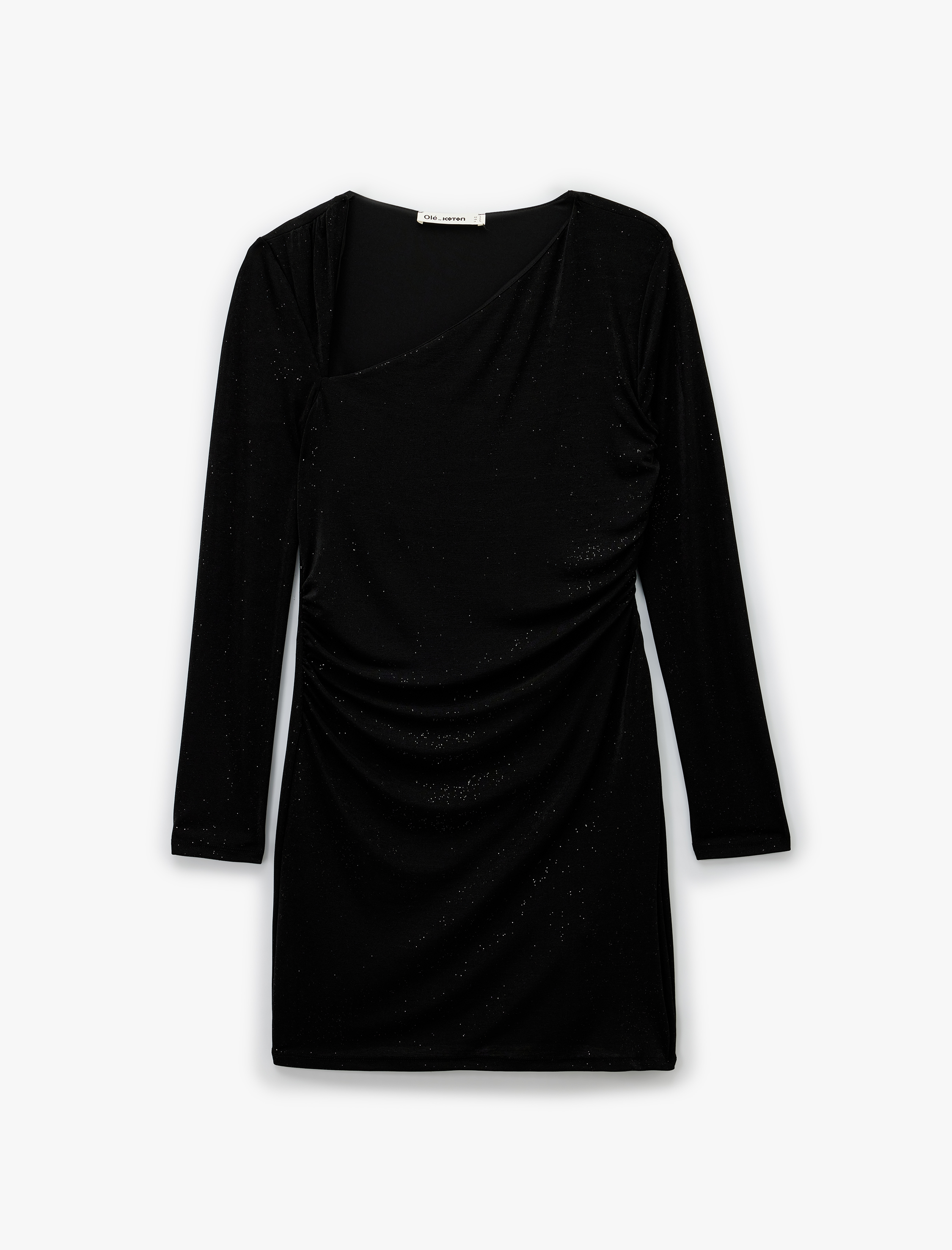   Asimetrik Yaka Uzun Kollu Simli Drapeli Mini Elbise