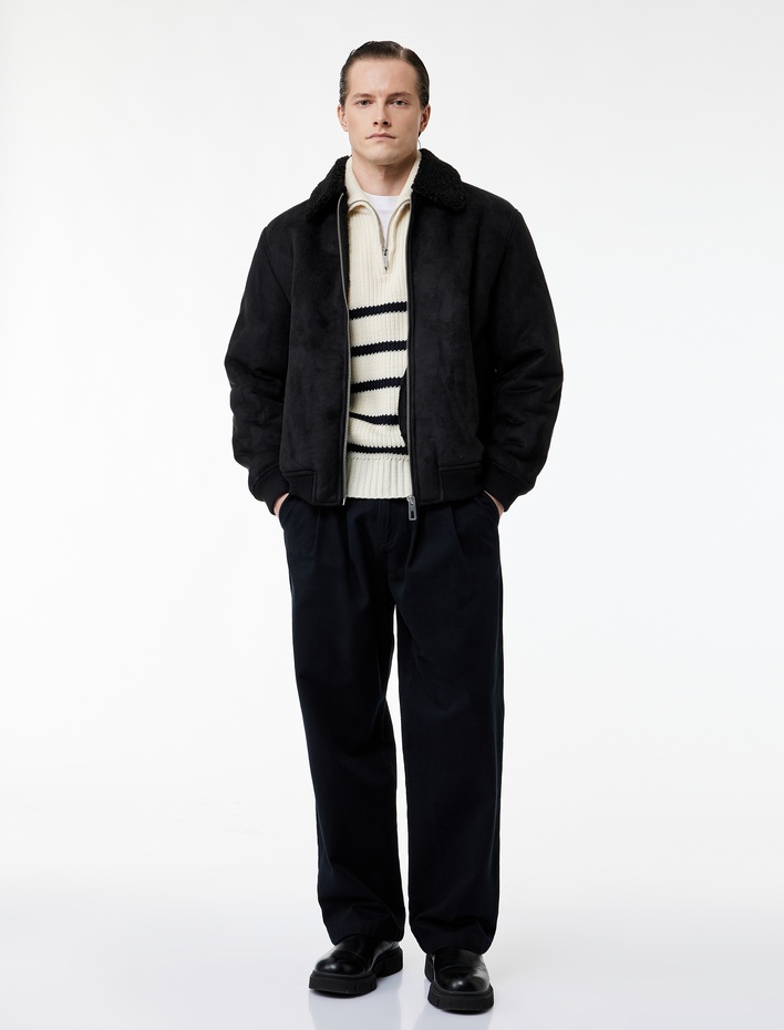  Peluş Yaka Fermuarlı Slim Fit Uzun Kollu Kışlık Suni Süet Ceket