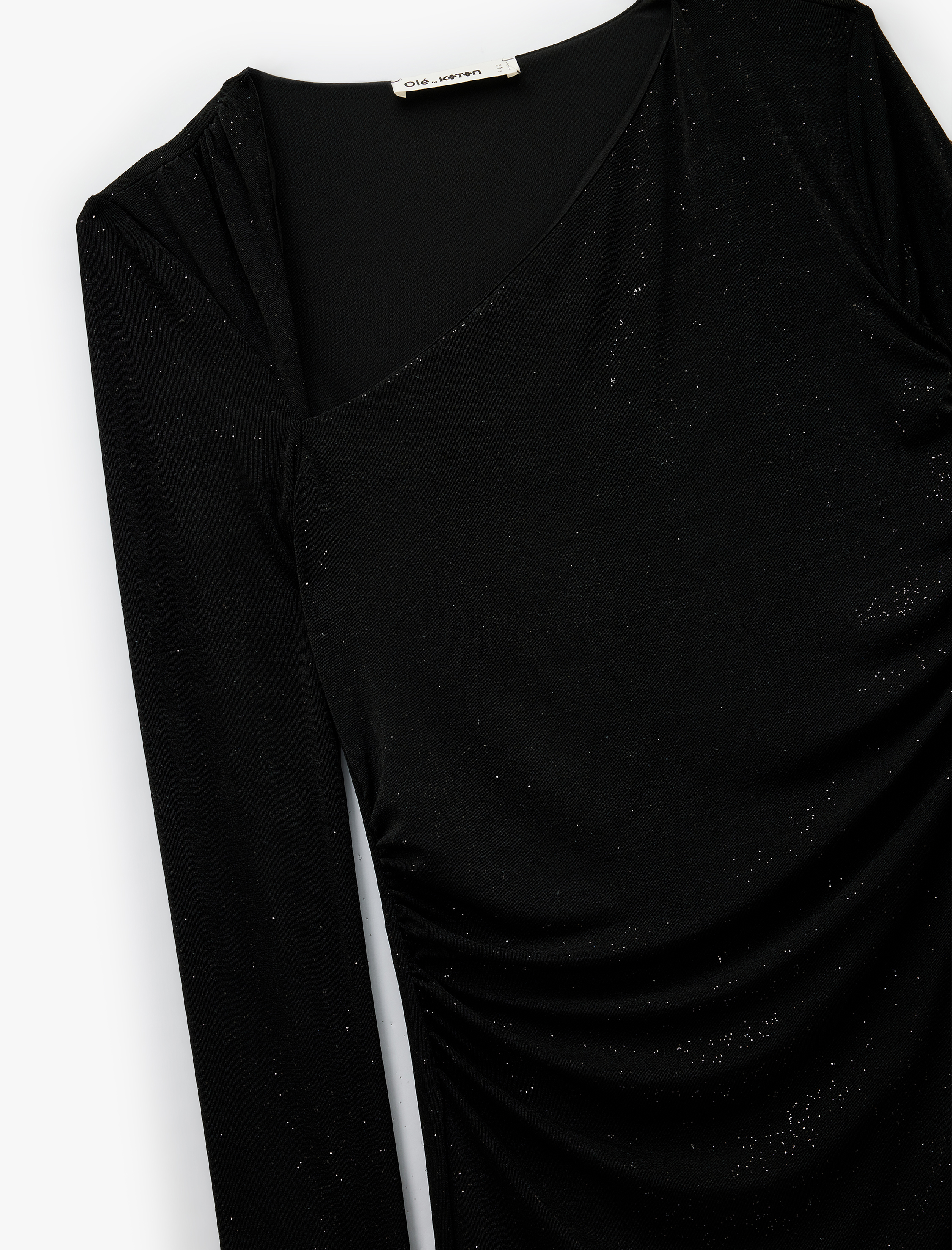   Asimetrik Yaka Uzun Kollu Simli Drapeli Mini Elbise