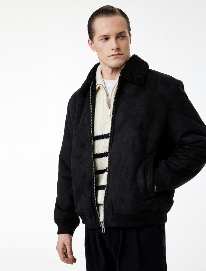  Peluş Yaka Fermuarlı Slim Fit Uzun Kollu Kışlık Suni Süet Ceket