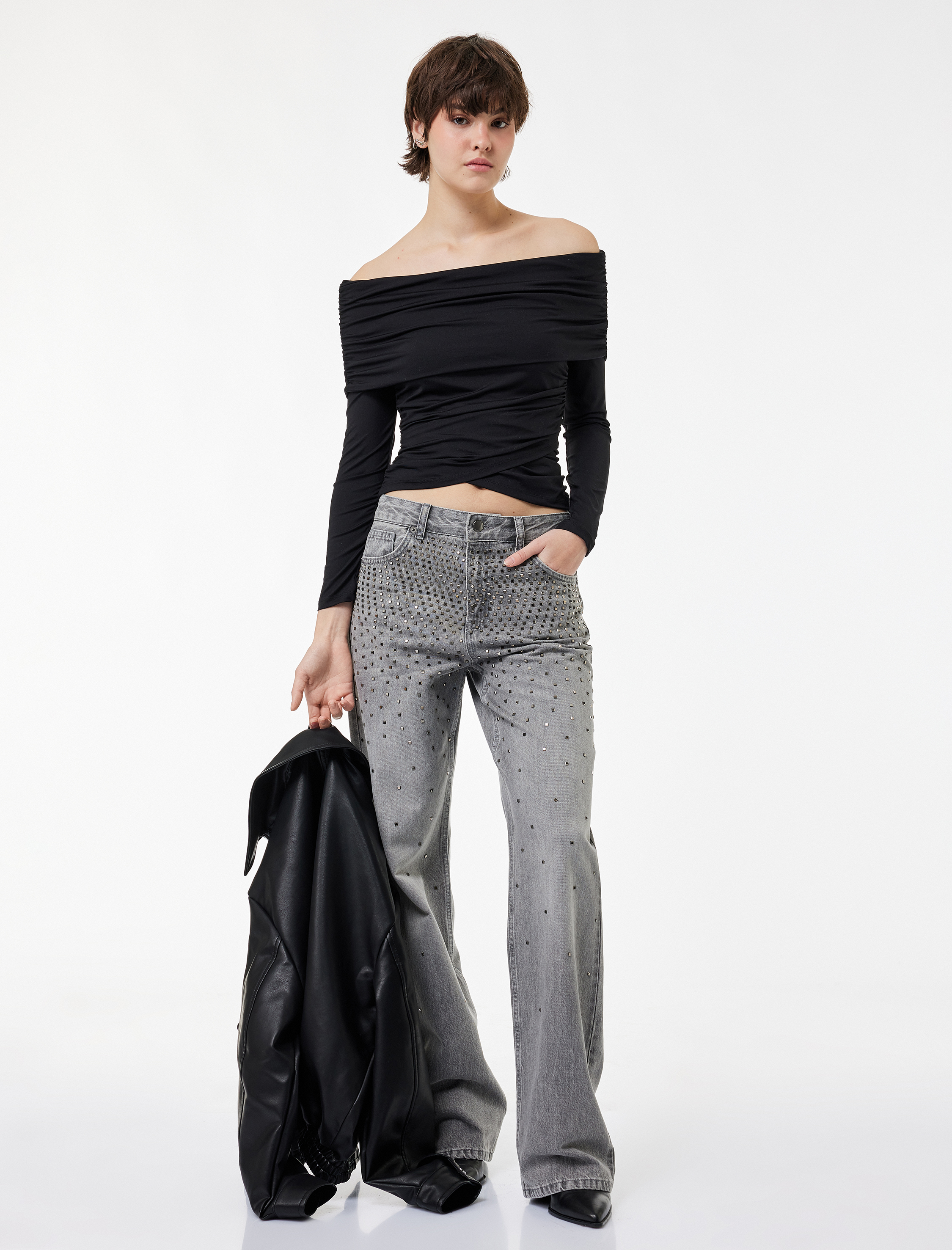   Slim Fit Drape Detaylı Uzun Kollu Omzu Açık Tişört