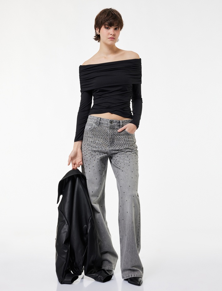  Slim Fit Drape Detaylı Uzun Kollu Omzu Açık Tişört