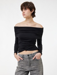 Slim Fit Drape Detaylı Uzun Kollu Omzu Açık Tişört