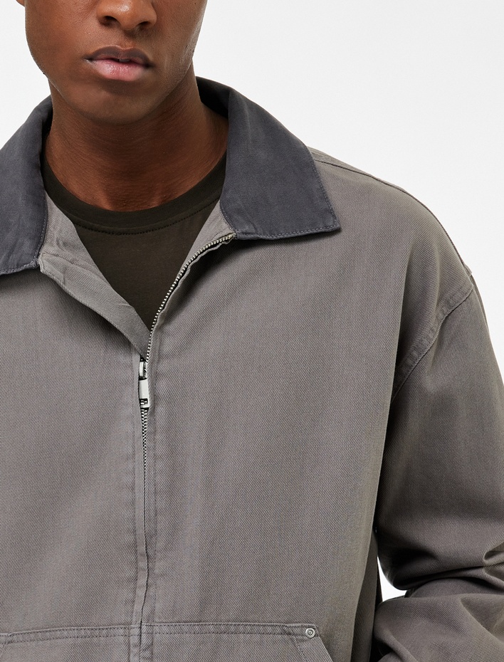  Regular Fit Uzun Kollu Cepli Gömlek Yaka Fermuarlı Jean Ceket