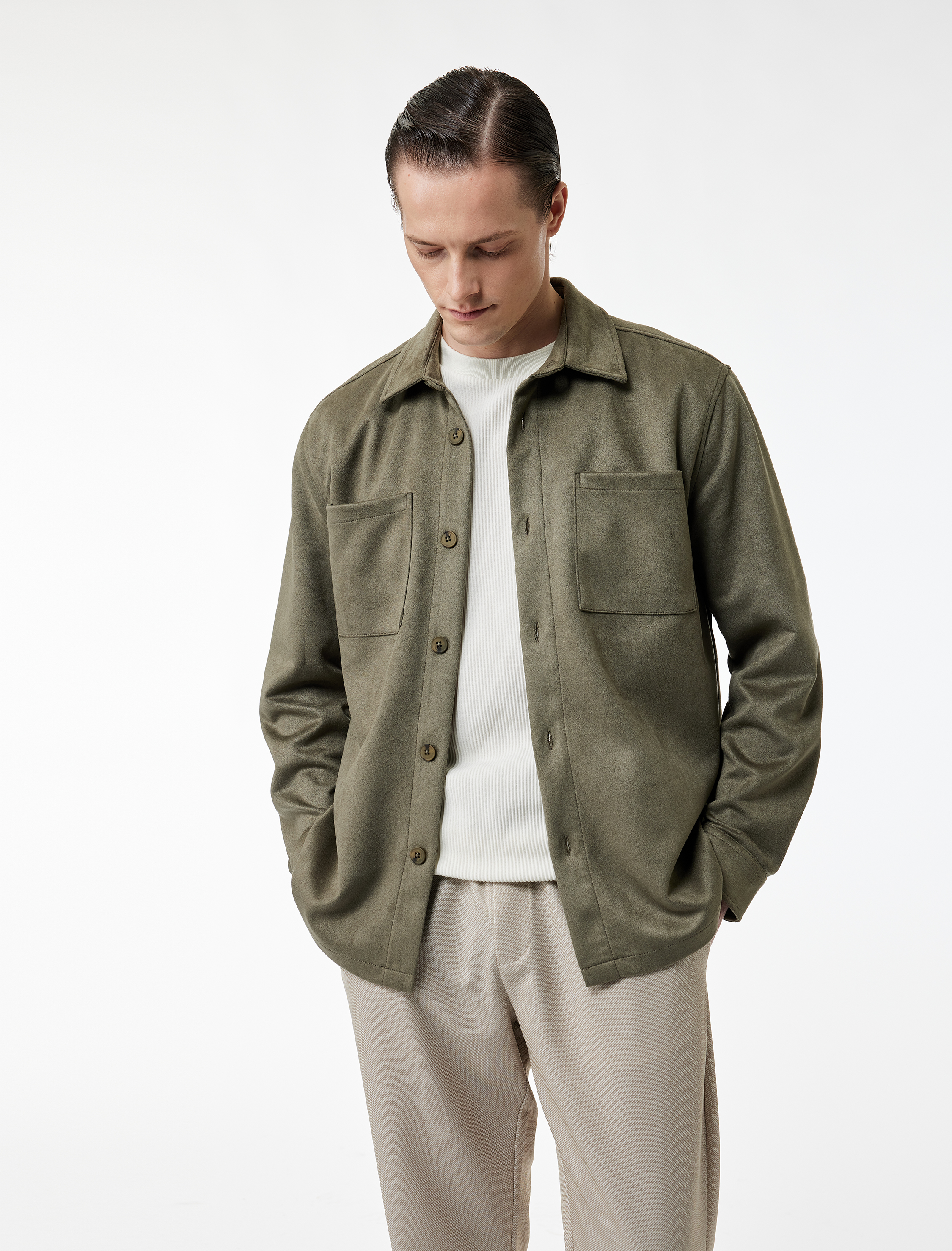   Regular Fit Uzun Kollu Cep Detaylı Klasik Yaka Suni Süet Gömlek