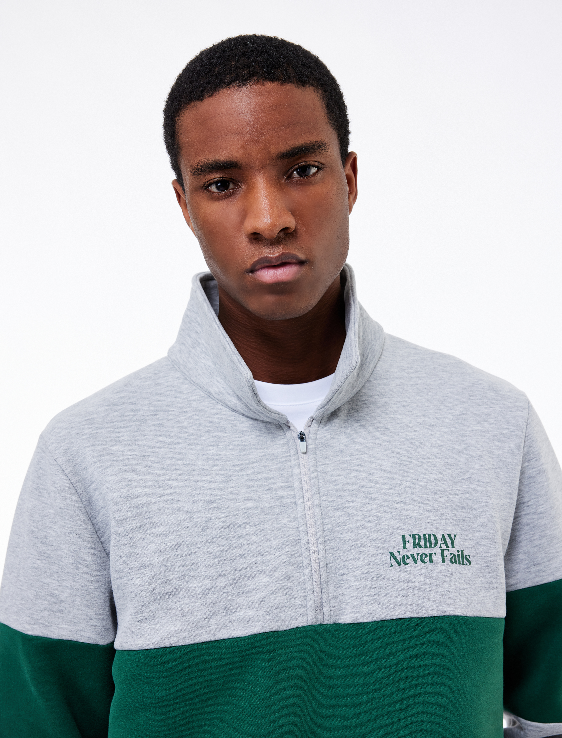 Regular Fit Renk Bloklu Şardonlu Yarım Fermuarlı Baskılı Polo Yaka Sweatshirt