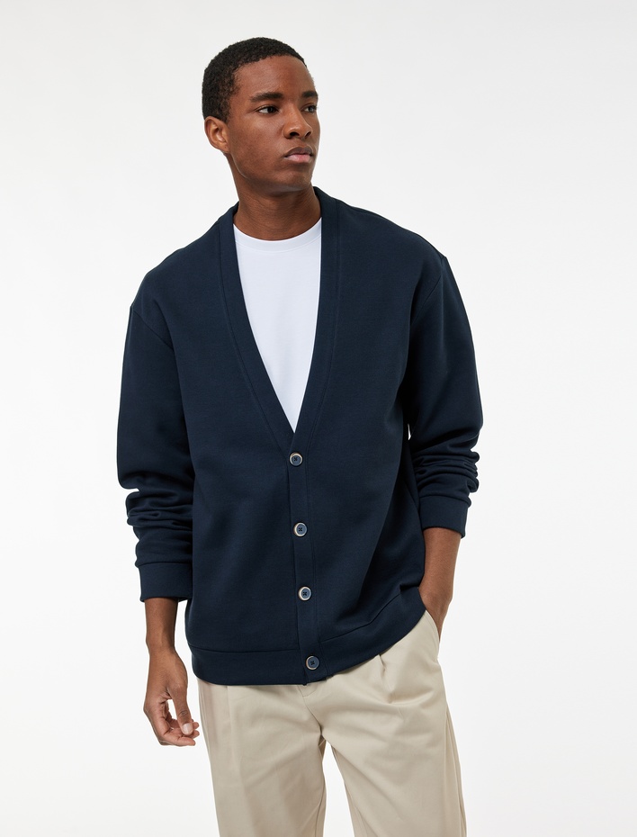  Regular Fit Uzun Kollu V Yaka Pamuklu Düğmeli Hırka