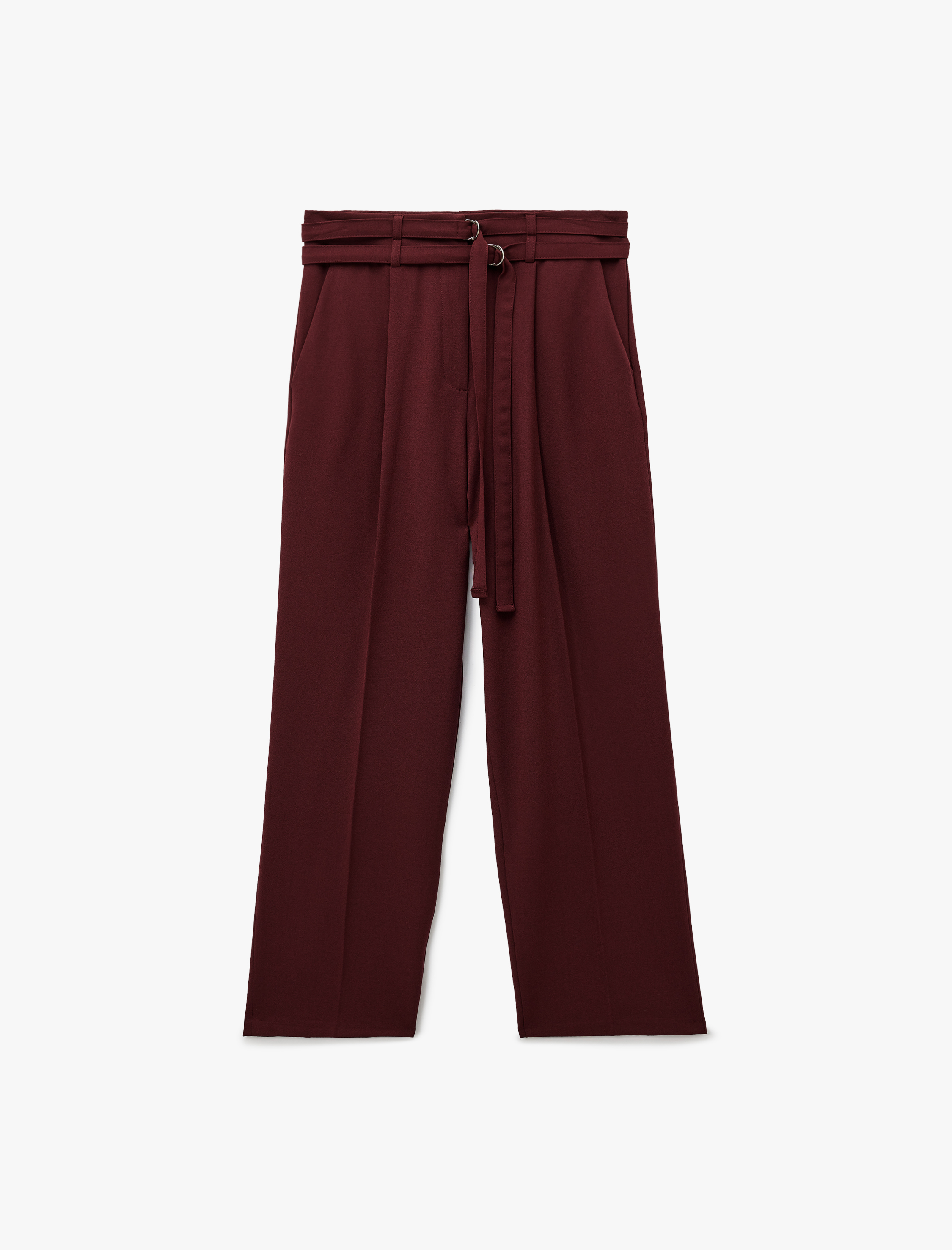   Cepli Çift Kemer Detaylı Düz Bol Paça Kumaş Pantolon