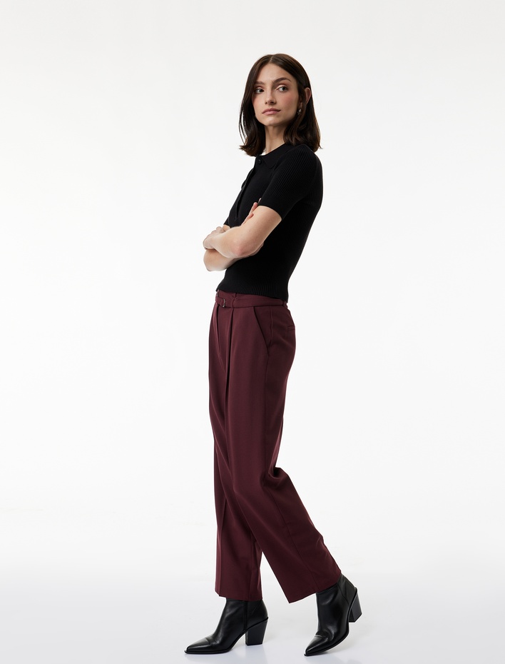  Cepli Çift Kemer Detaylı Düz Bol Paça Kumaş Pantolon