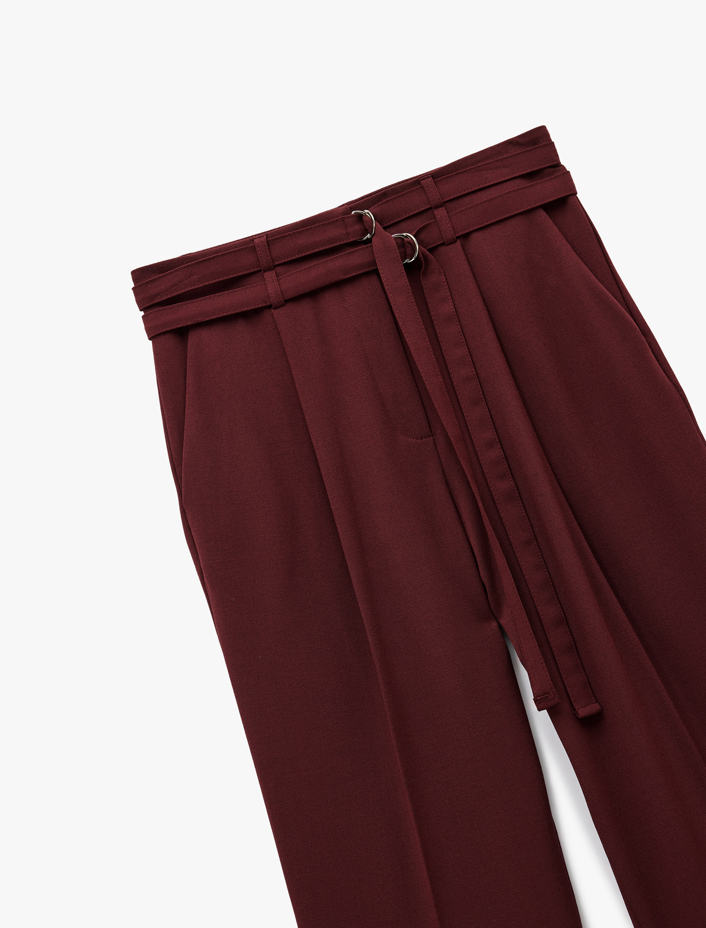   Cepli Çift Kemer Detaylı Düz Bol Paça Kumaş Pantolon