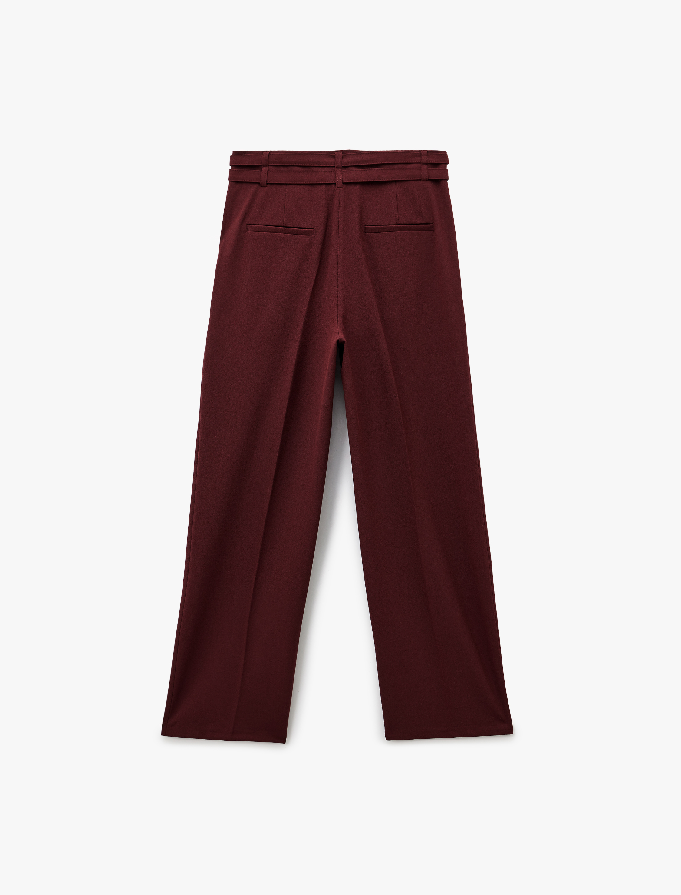   Cepli Çift Kemer Detaylı Düz Bol Paça Kumaş Pantolon