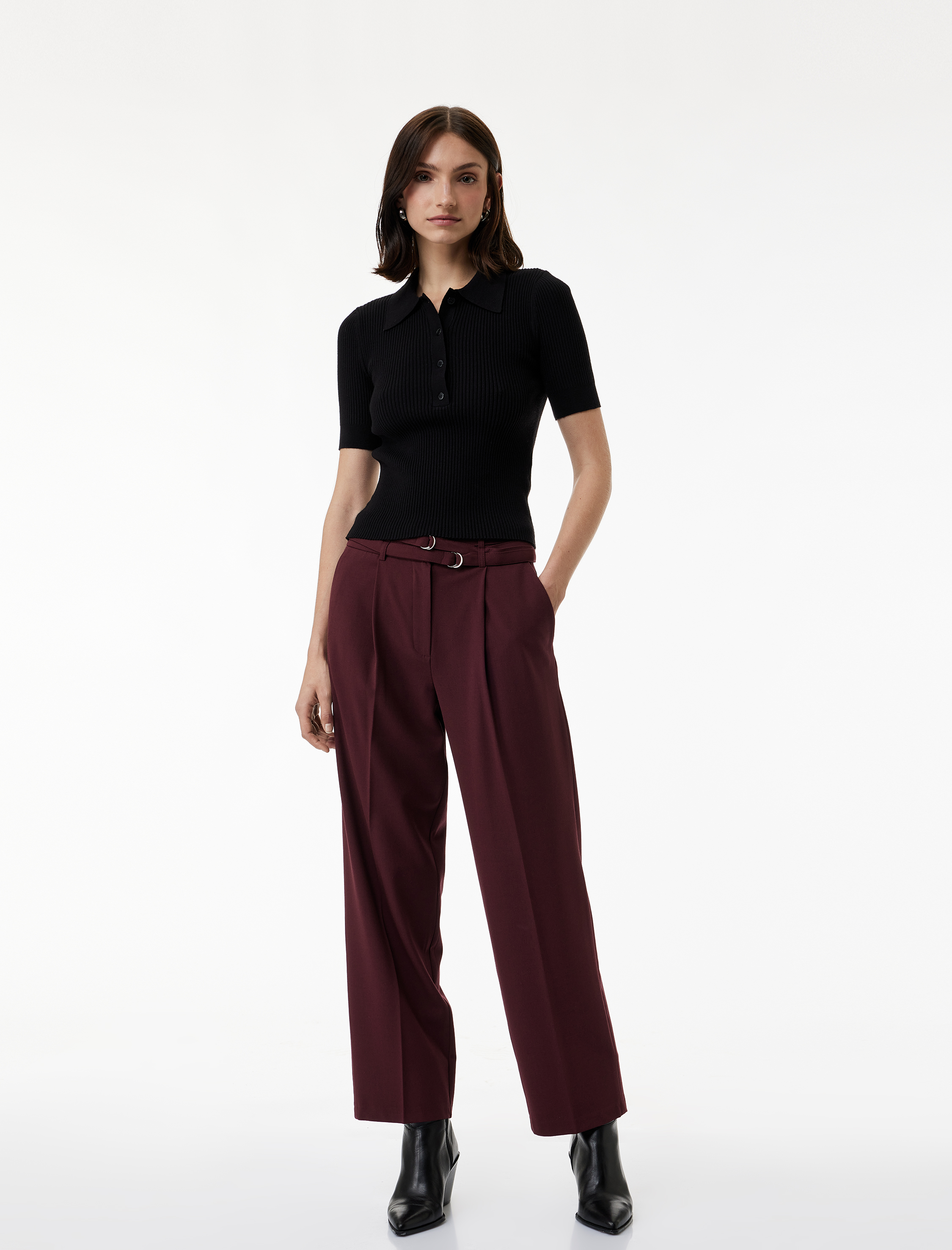   Cepli Çift Kemer Detaylı Düz Bol Paça Kumaş Pantolon