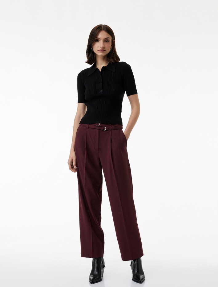  Cepli Çift Kemer Detaylı Düz Bol Paça Kumaş Pantolon