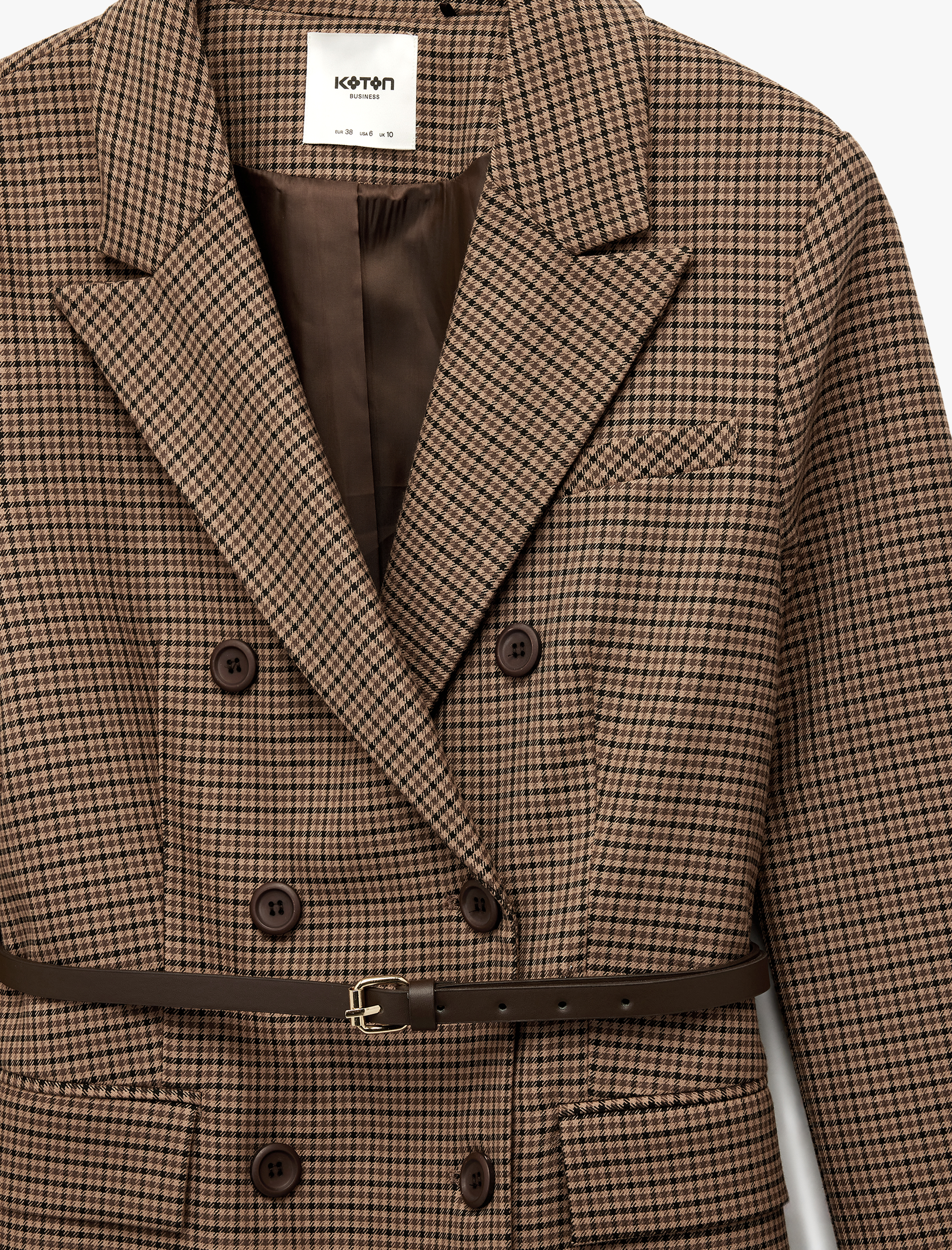   Kemer Detaylı Düğmeli Cepli Kruvaze Yaka Ekoseli Blazer Ceket