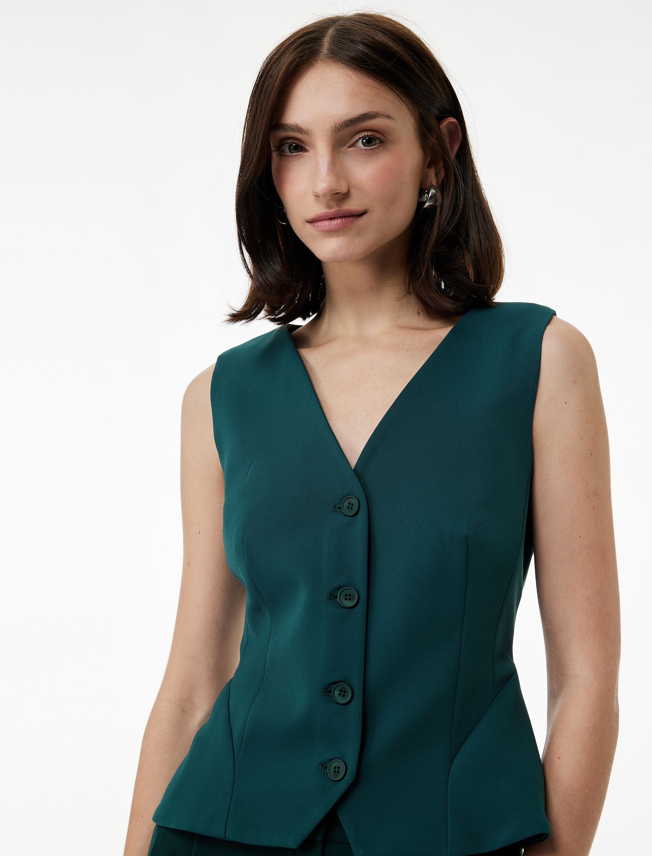   Slim Fit Peplum Kesim V Yaka Düğmeli Blazer Yelek